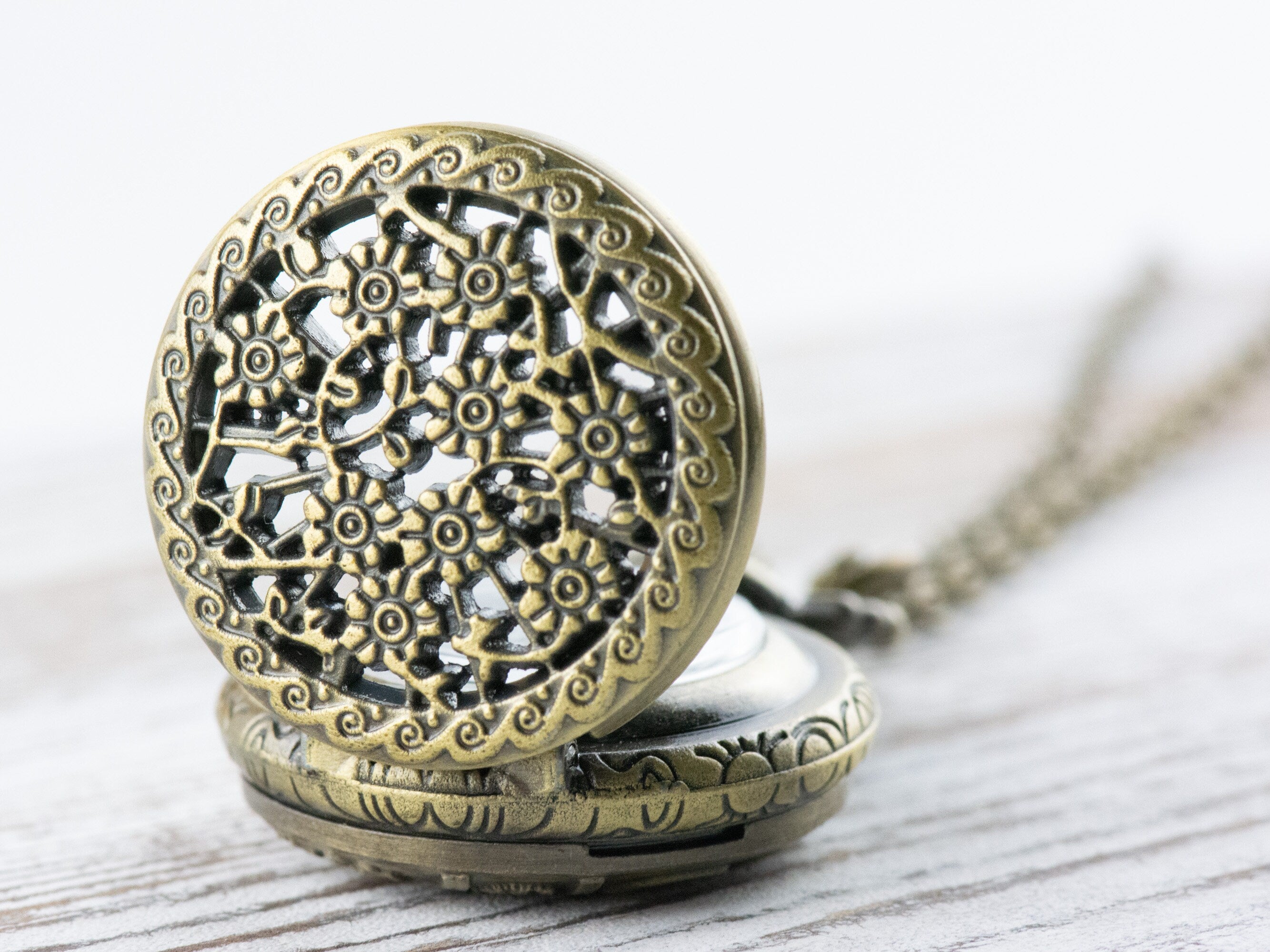 Floral Bronze Pocket Watch Long Necklace / Unique Watches / Nature Inspired Jewelry