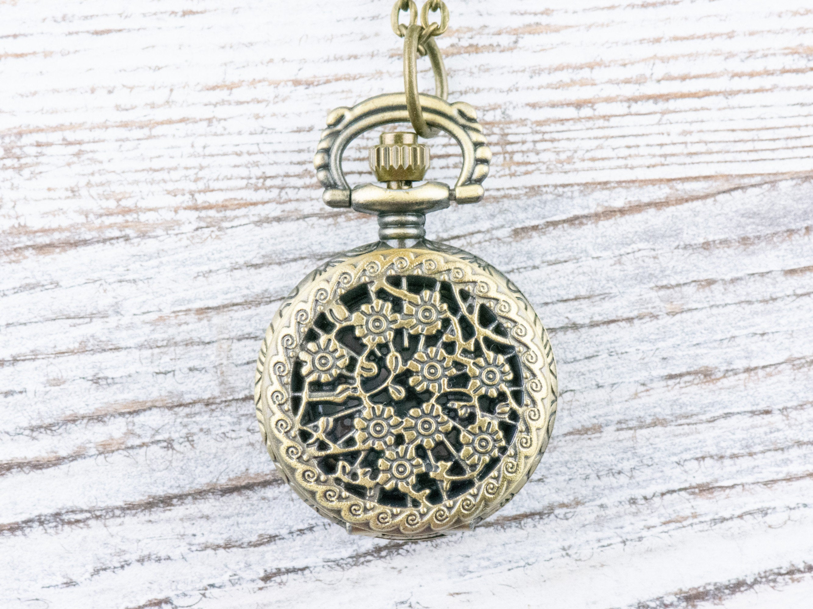 Floral Bronze Pocket Watch Long Necklace / Unique Watches / Nature Inspired Jewelry