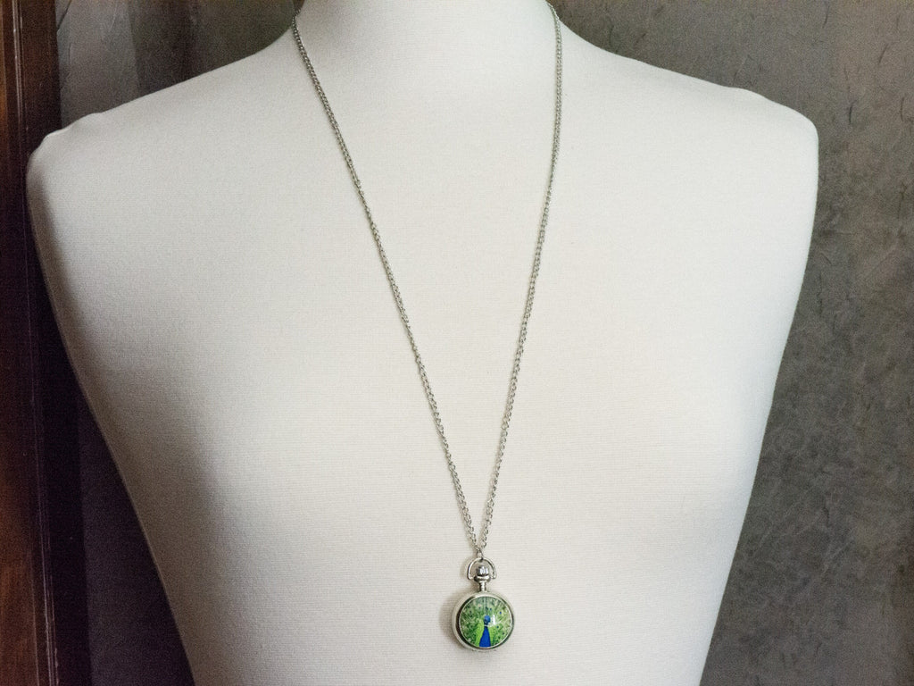 Peacock Print Porcelain Pocket Watch Long Necklace / Unique Watches / Nature Inspired Jewelry