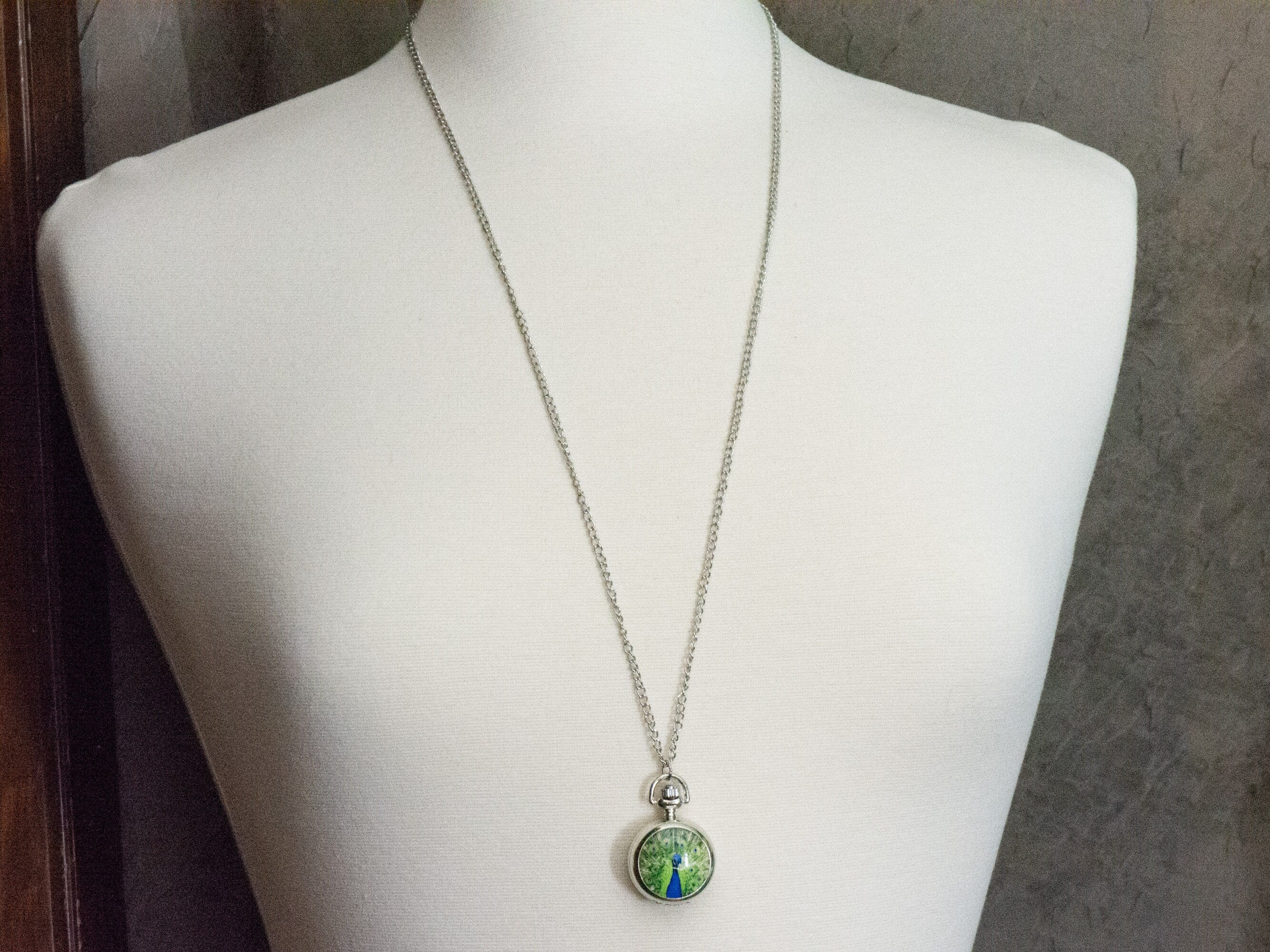 Peacock Print Porcelain Pocket Watch Long Necklace / Unique Watches / Nature Inspired Jewelry