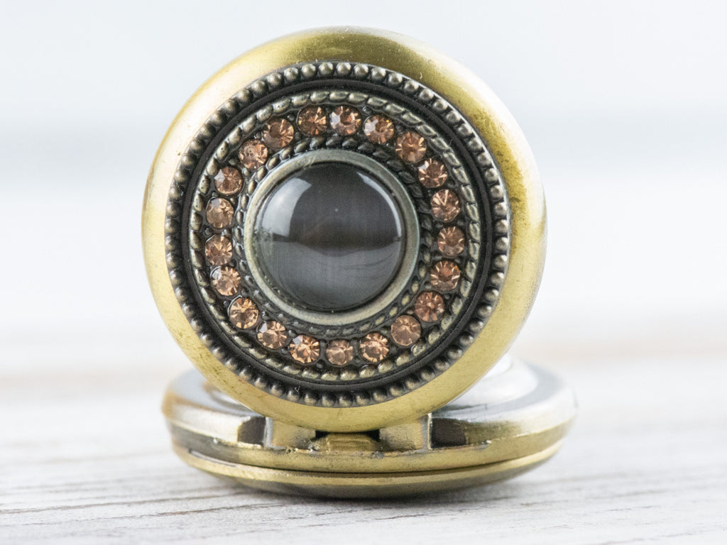 Brown Cat Eye Bronze Pocket Watch Long Necklace / Unique Watches / Rhinestone Jewelry