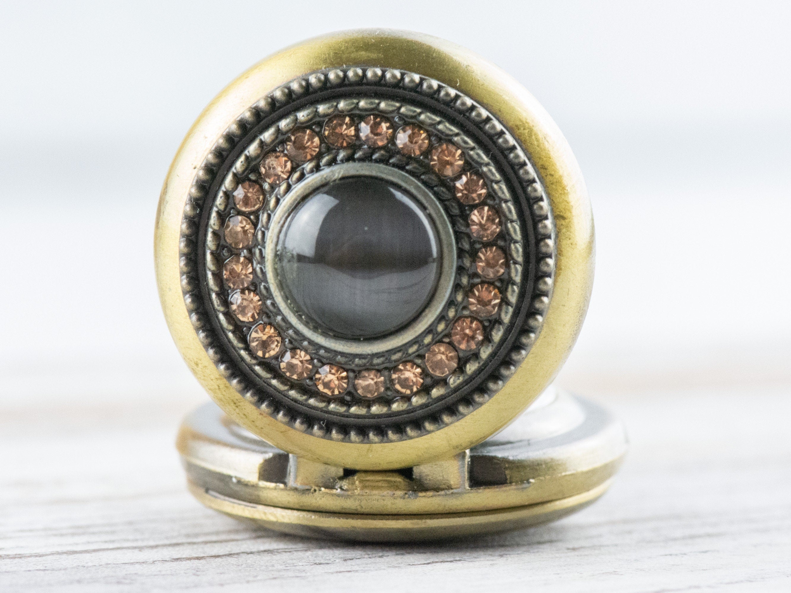 Brown Cat Eye Bronze Pocket Watch Long Necklace / Unique Watches / Rhinestone Jewelry