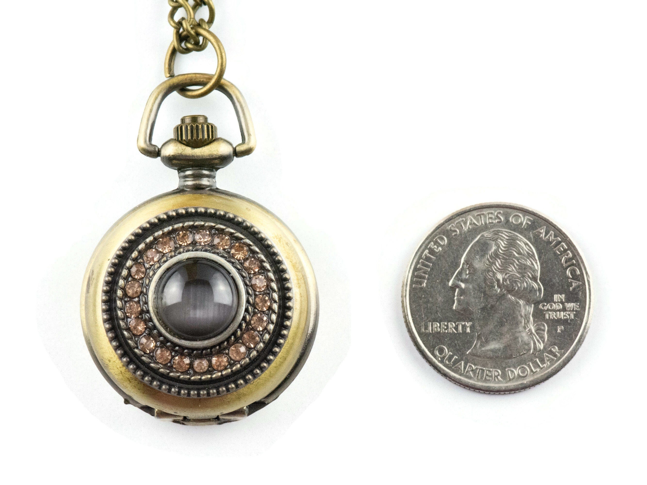 Brown Cat Eye Bronze Pocket Watch Long Necklace / Unique Watches / Rhinestone Jewelry