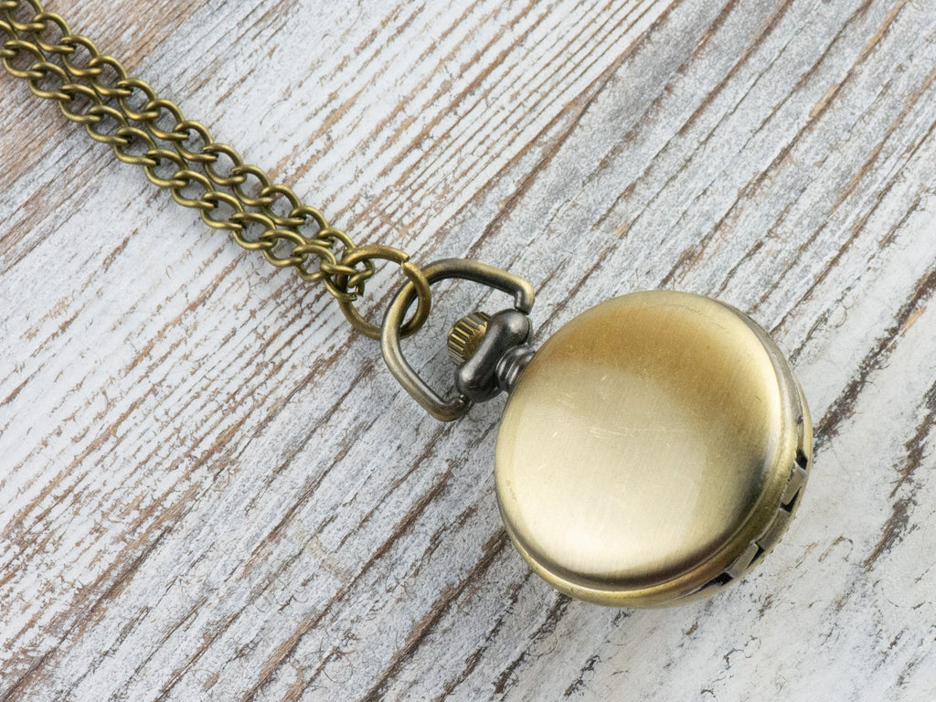 Brown Cat Eye Bronze Pocket Watch Long Necklace / Unique Watches / Rhinestone Jewelry