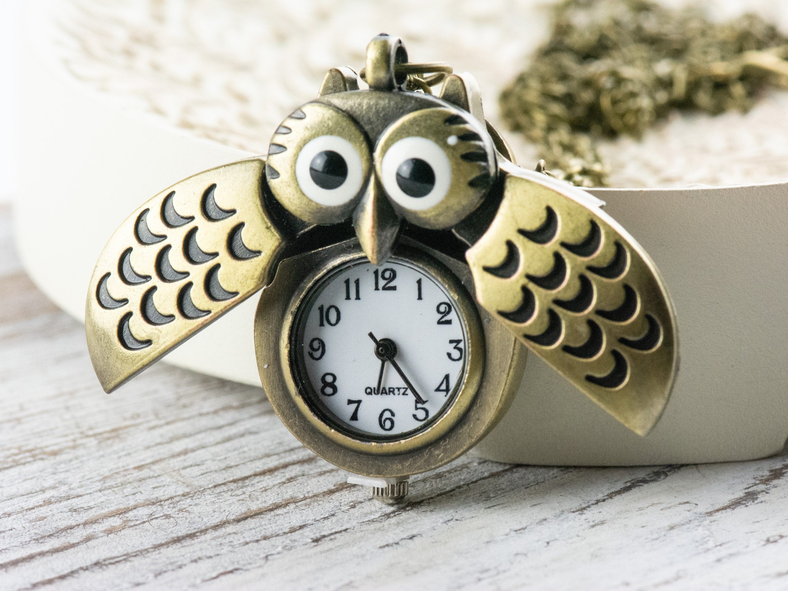 Winged Owl Bronze Pocket Watch Long Necklace / Unique Watches / Nature Inspired Jewelry