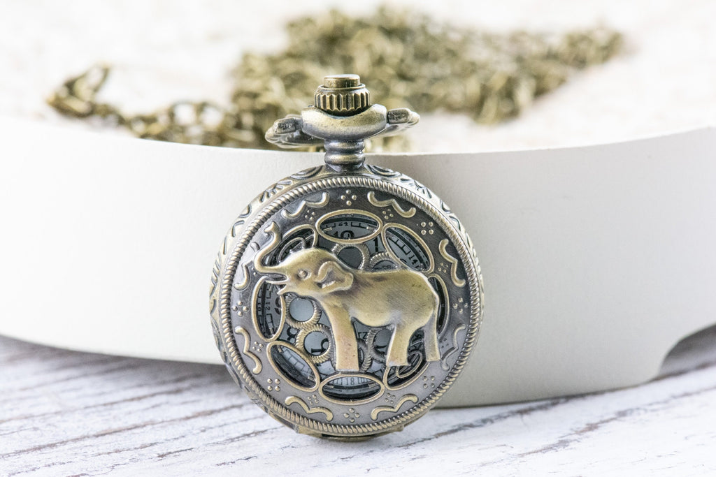 Elephant Bronze Pocket Watch Long Necklace / Unique Watches / Elephant Necklace
