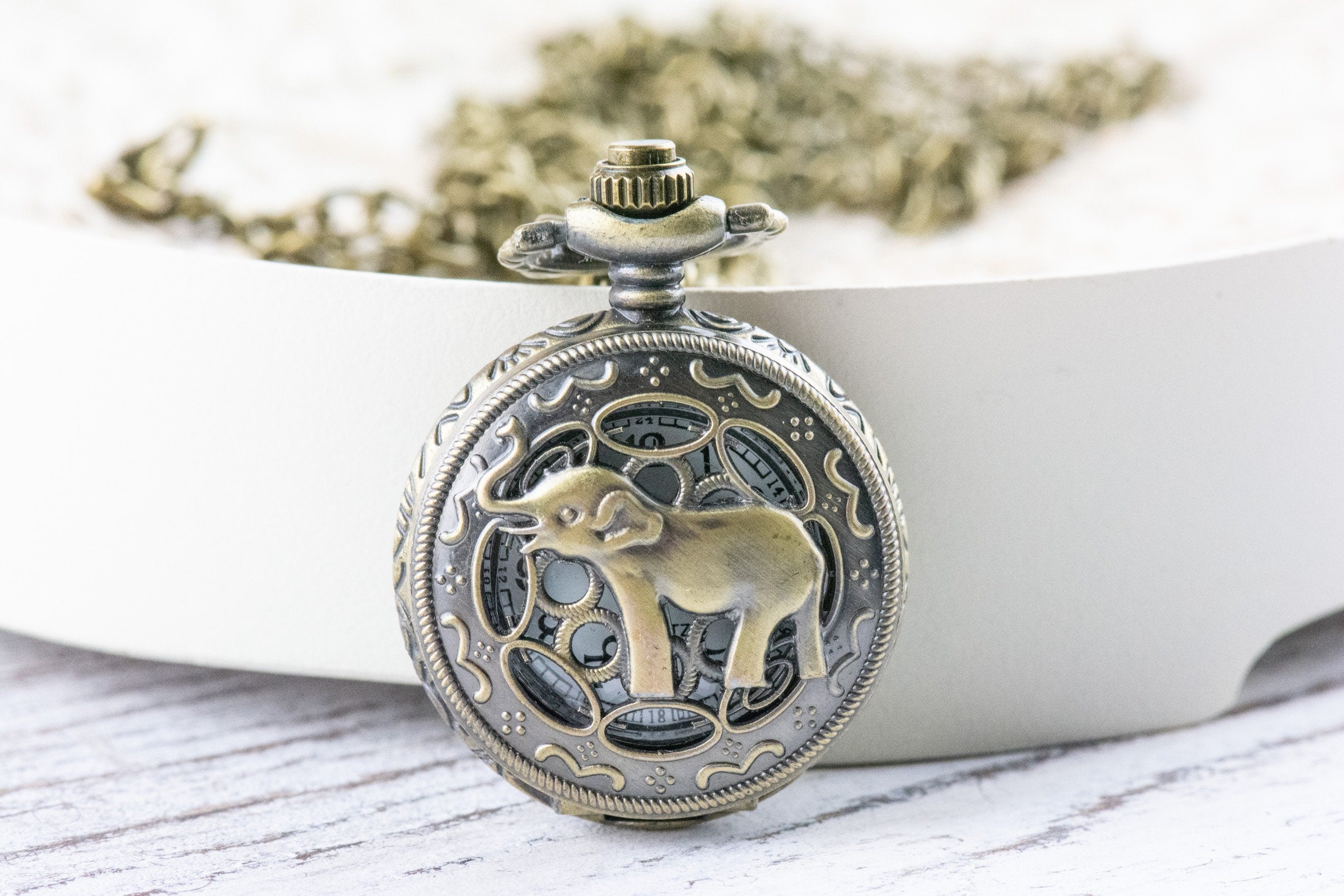 Elephant Bronze Pocket Watch Long Necklace / Unique Watches / Elephant Necklace