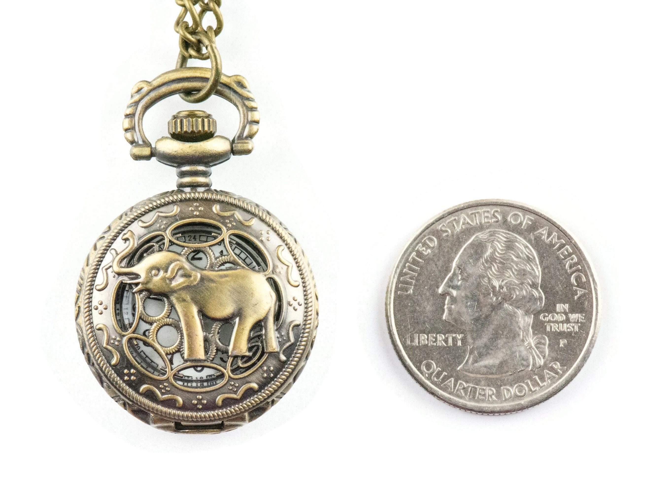 Elephant Bronze Pocket Watch Long Necklace / Unique Watches / Elephant Necklace