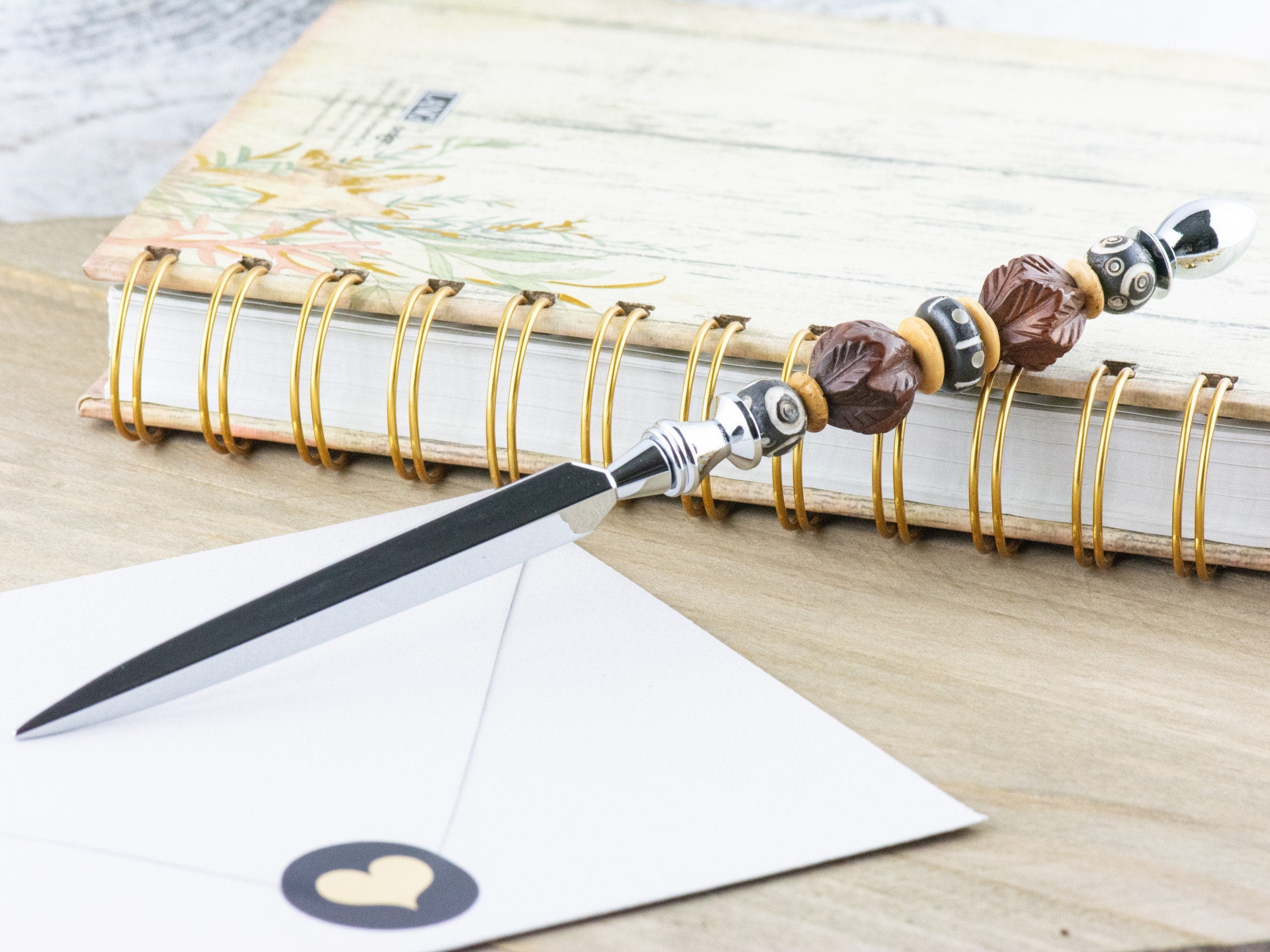 Wood & Bone Beaded Silver Letter Opener • Paper Knife • Desk Accessory