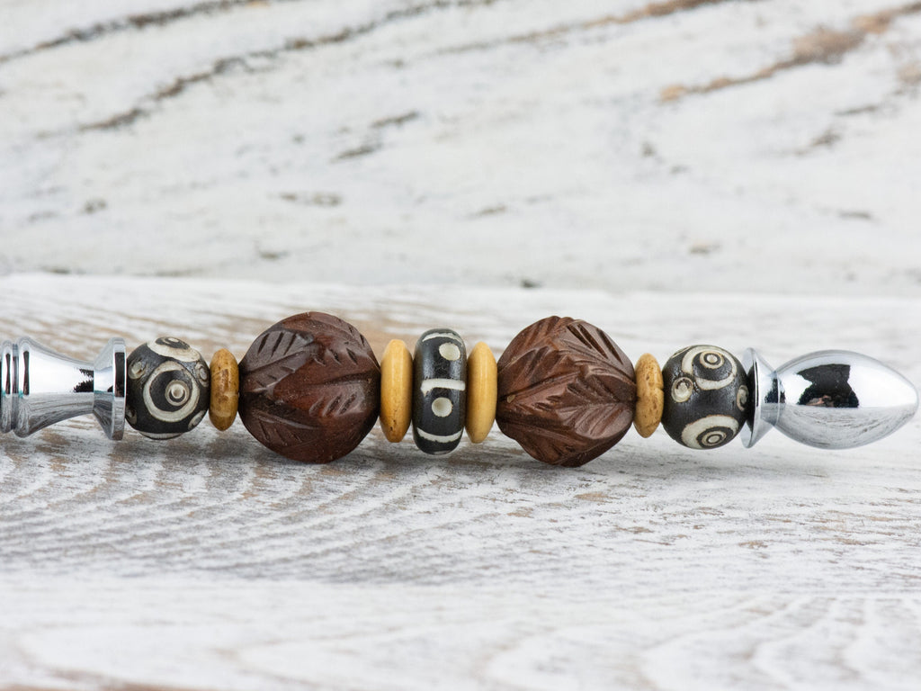 Wood & Bone Beaded Silver Letter Opener • Paper Knife • Desk Accessory
