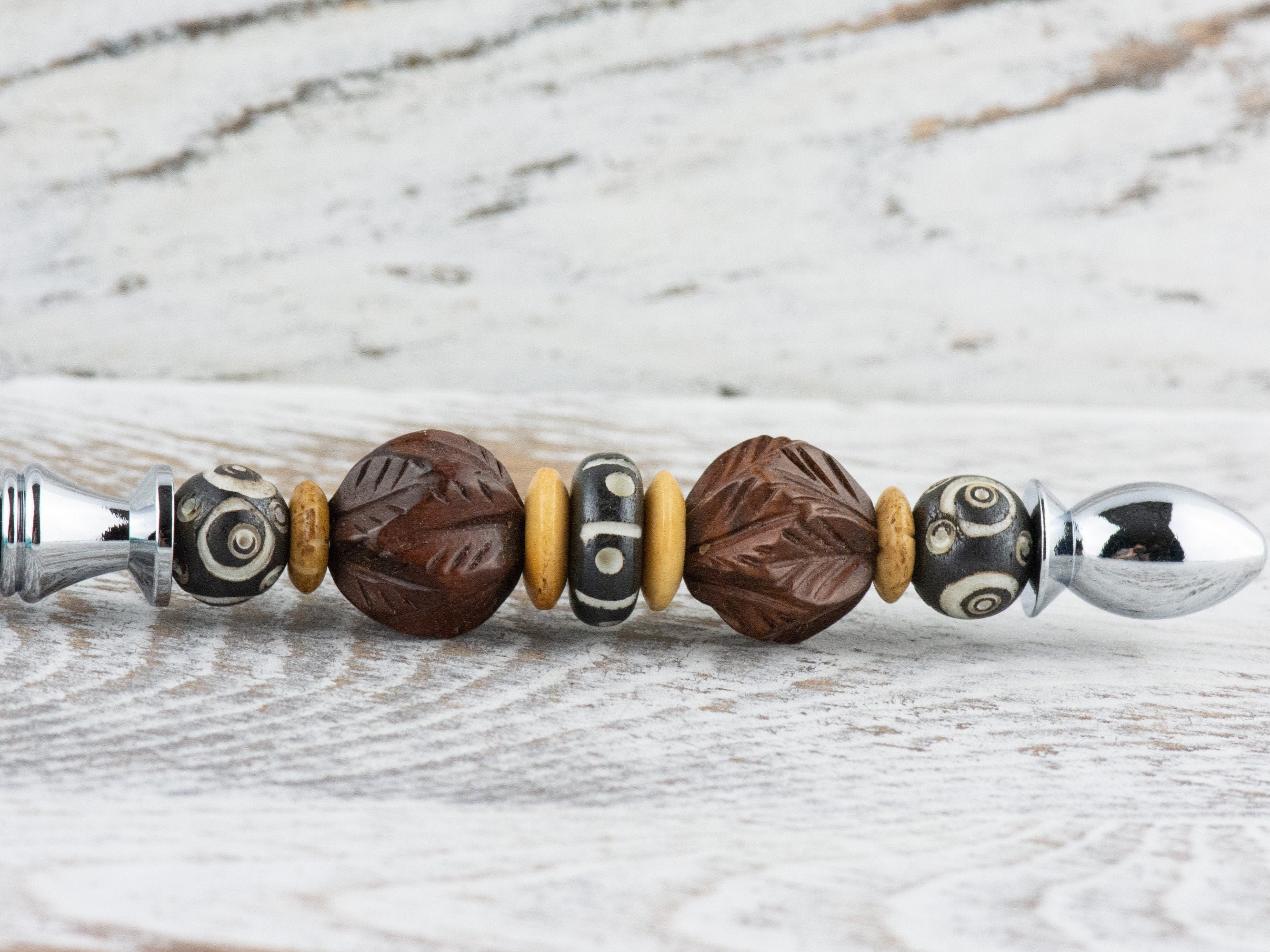 Wood & Bone Beaded Silver Letter Opener • Paper Knife • Desk Accessory