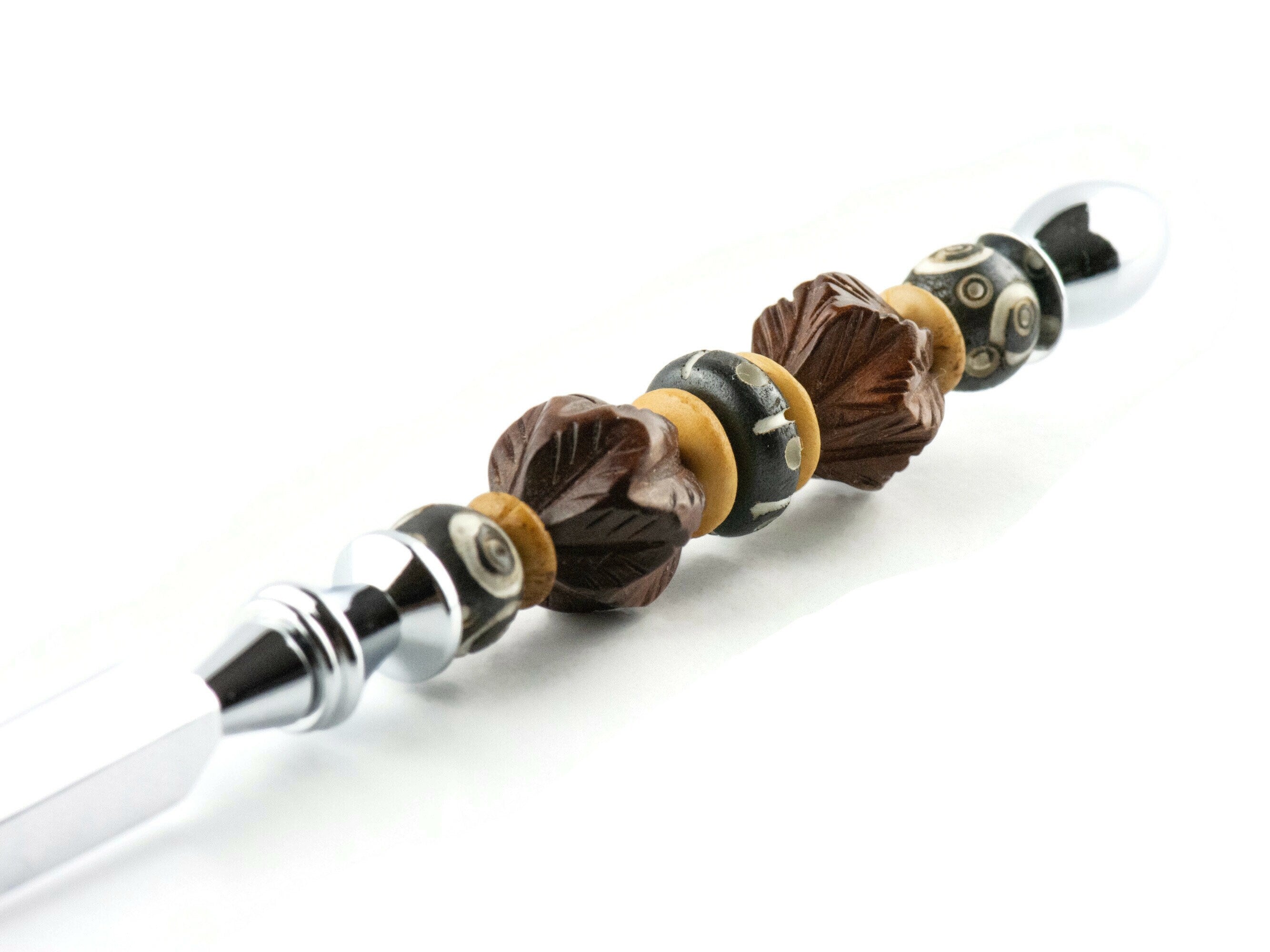 Wood & Bone Beaded Silver Letter Opener • Paper Knife • Desk Accessory