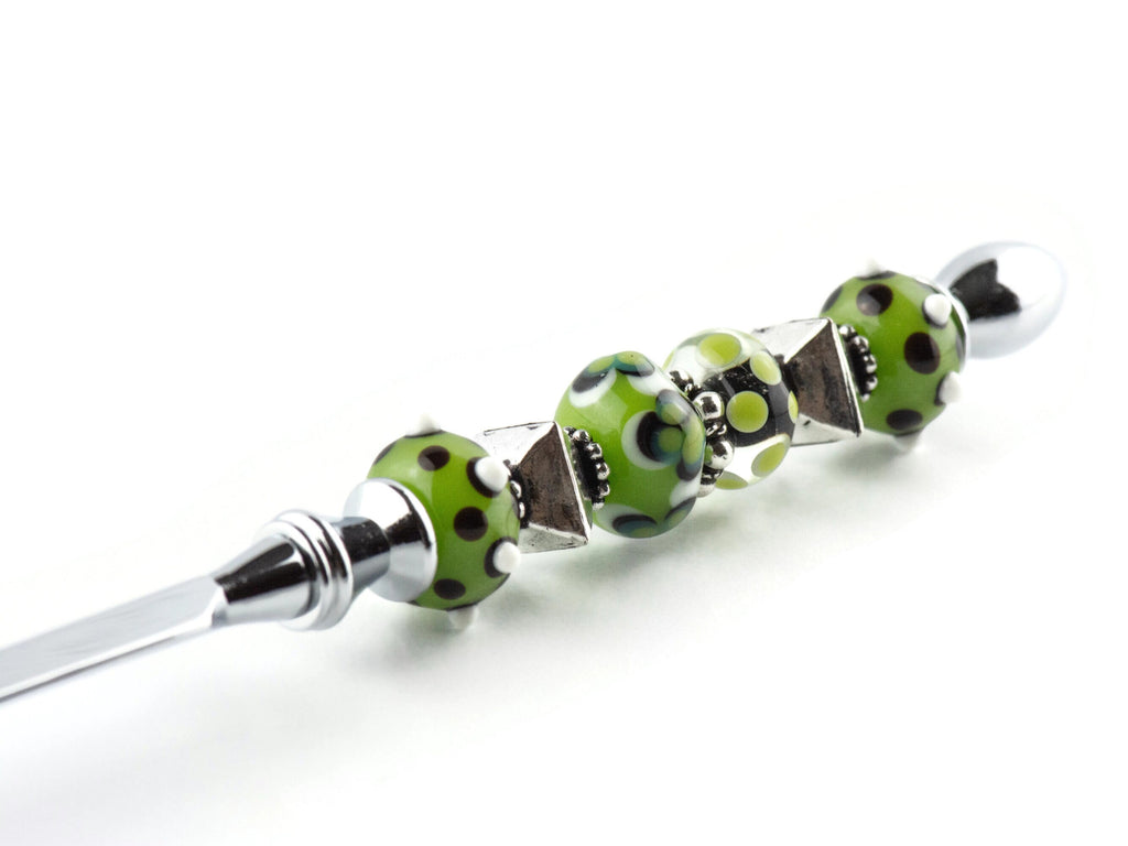 Green and Silver Glass Beaded Silver Letter Opener • Paper Knife • Desk Accessory