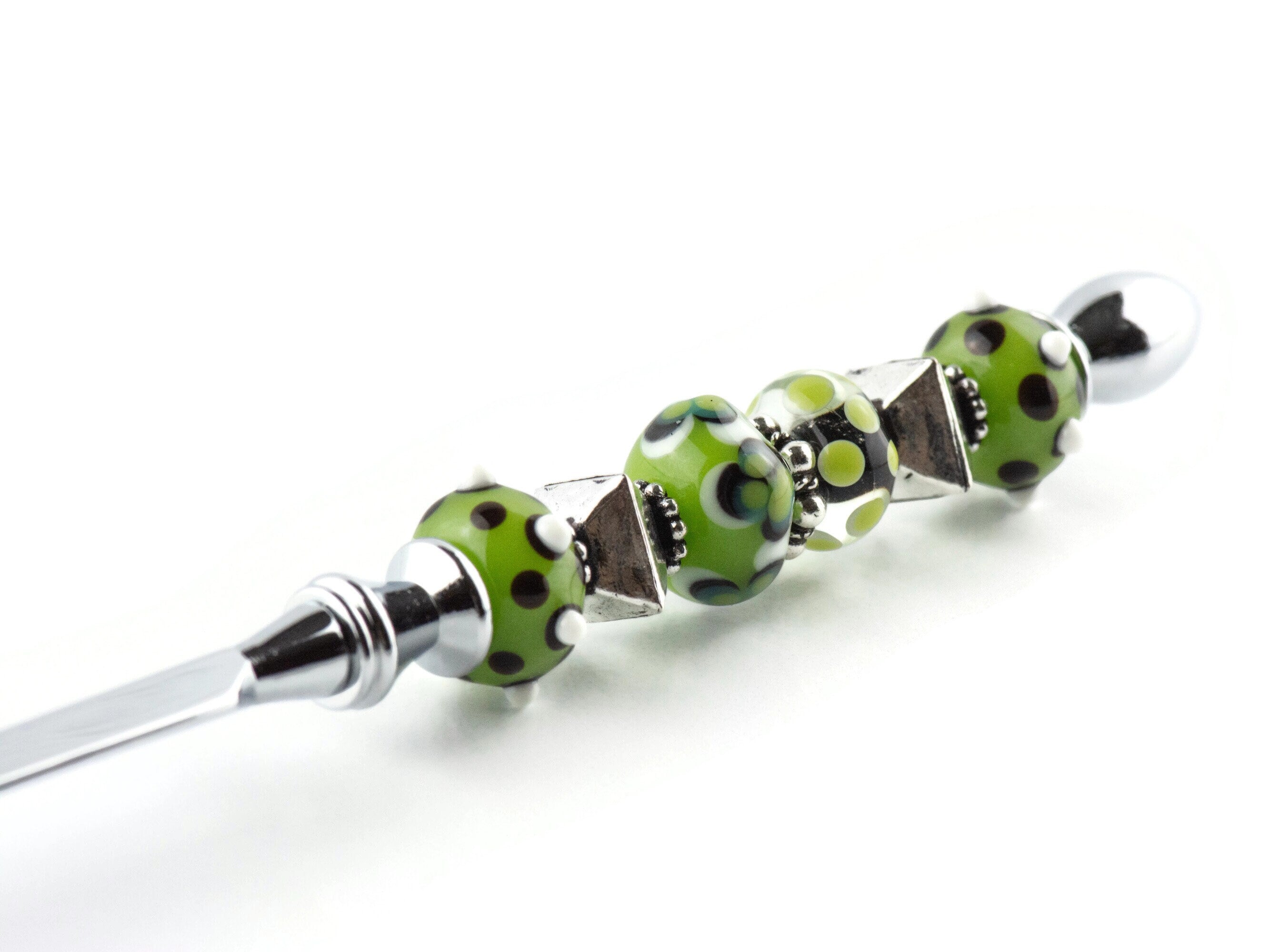 Green and Silver Glass Beaded Silver Letter Opener • Paper Knife • Desk Accessory