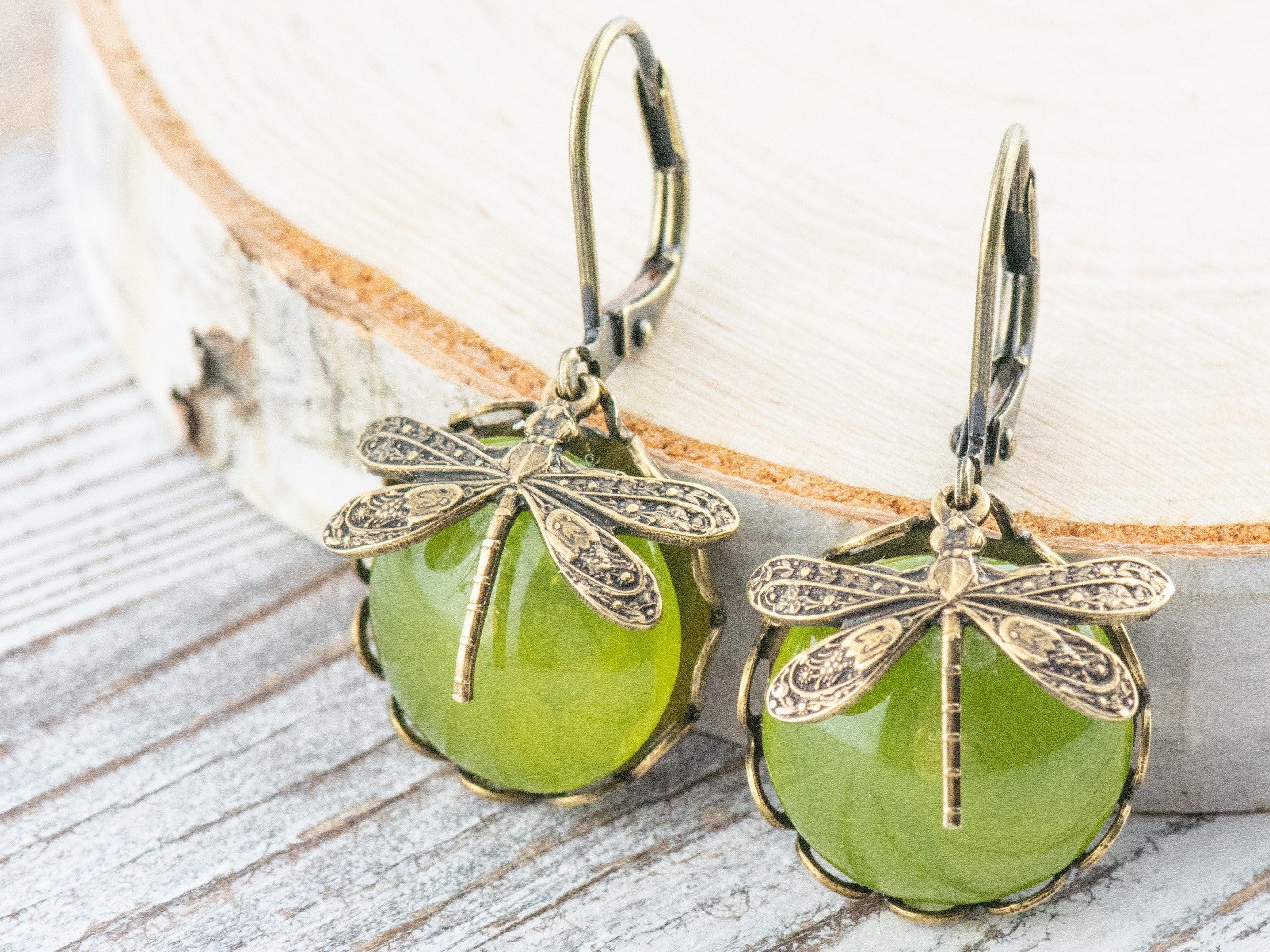 Taiwan Jade Brass Dragonfly Lever Back Earrings • Green Earrings • Handmade Nature-Inspired Jewelry • Jewelry Gift for Her