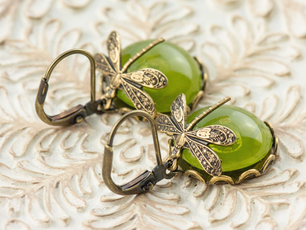 Taiwan Jade Brass Dragonfly Lever Back Earrings • Green Earrings • Handmade Nature-Inspired Jewelry • Jewelry Gift for Her