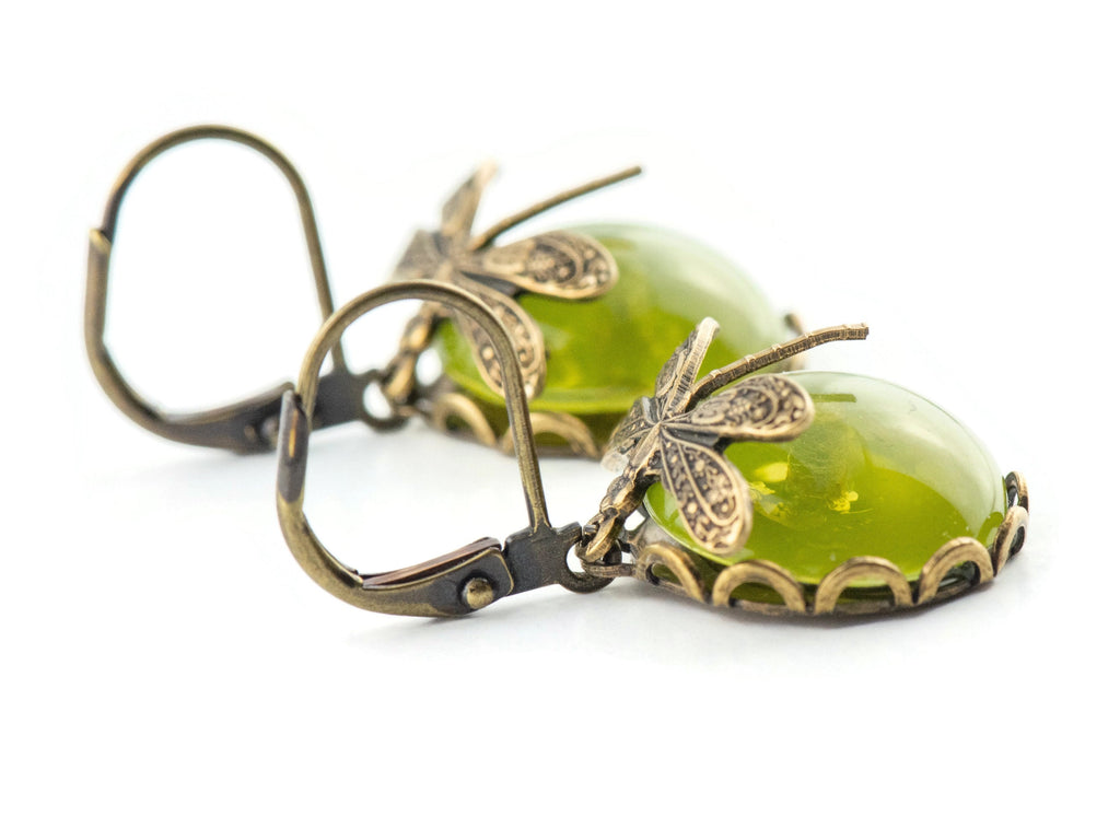 Taiwan Jade Brass Dragonfly Lever Back Earrings • Green Earrings • Handmade Nature-Inspired Jewelry • Jewelry Gift for Her