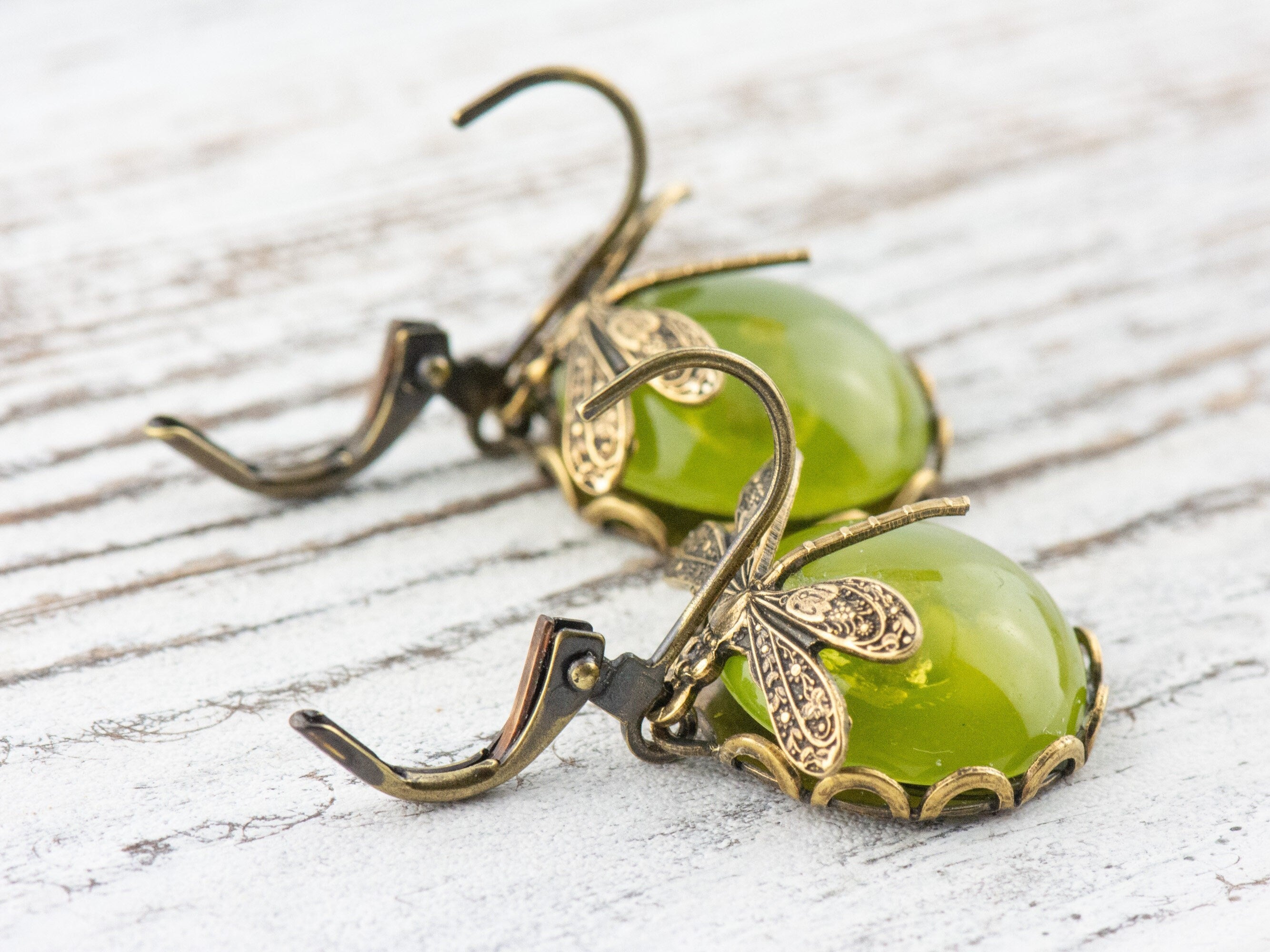 Taiwan Jade Brass Dragonfly Lever Back Earrings • Green Earrings • Handmade Nature-Inspired Jewelry • Jewelry Gift for Her