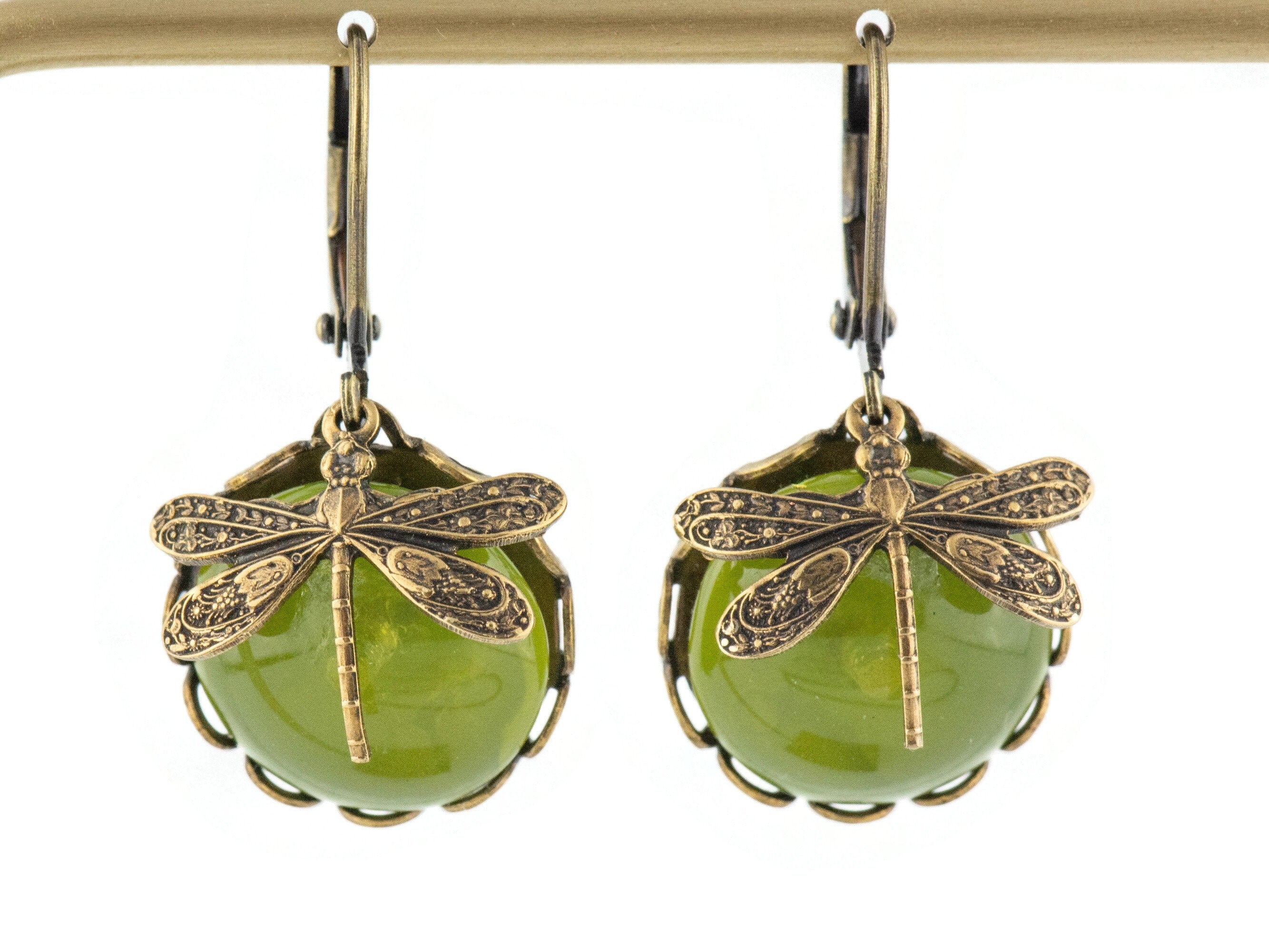 Taiwan Jade Brass Dragonfly Lever Back Earrings • Green Earrings • Handmade Nature-Inspired Jewelry • Jewelry Gift for Her