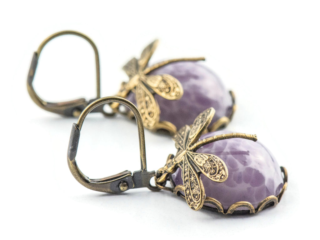 Amethyst Glass Brass Dragonfly Lever Back Earrings • Purple Earrings • Handmade Nature-Inspired Jewelry • Jewelry Gift for Her