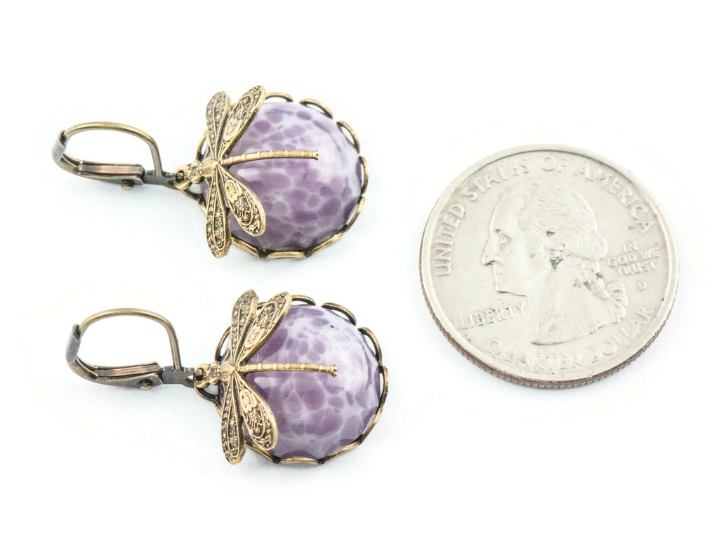 Amethyst Glass Brass Dragonfly Lever Back Earrings • Purple Earrings • Handmade Nature-Inspired Jewelry • Jewelry Gift for Her