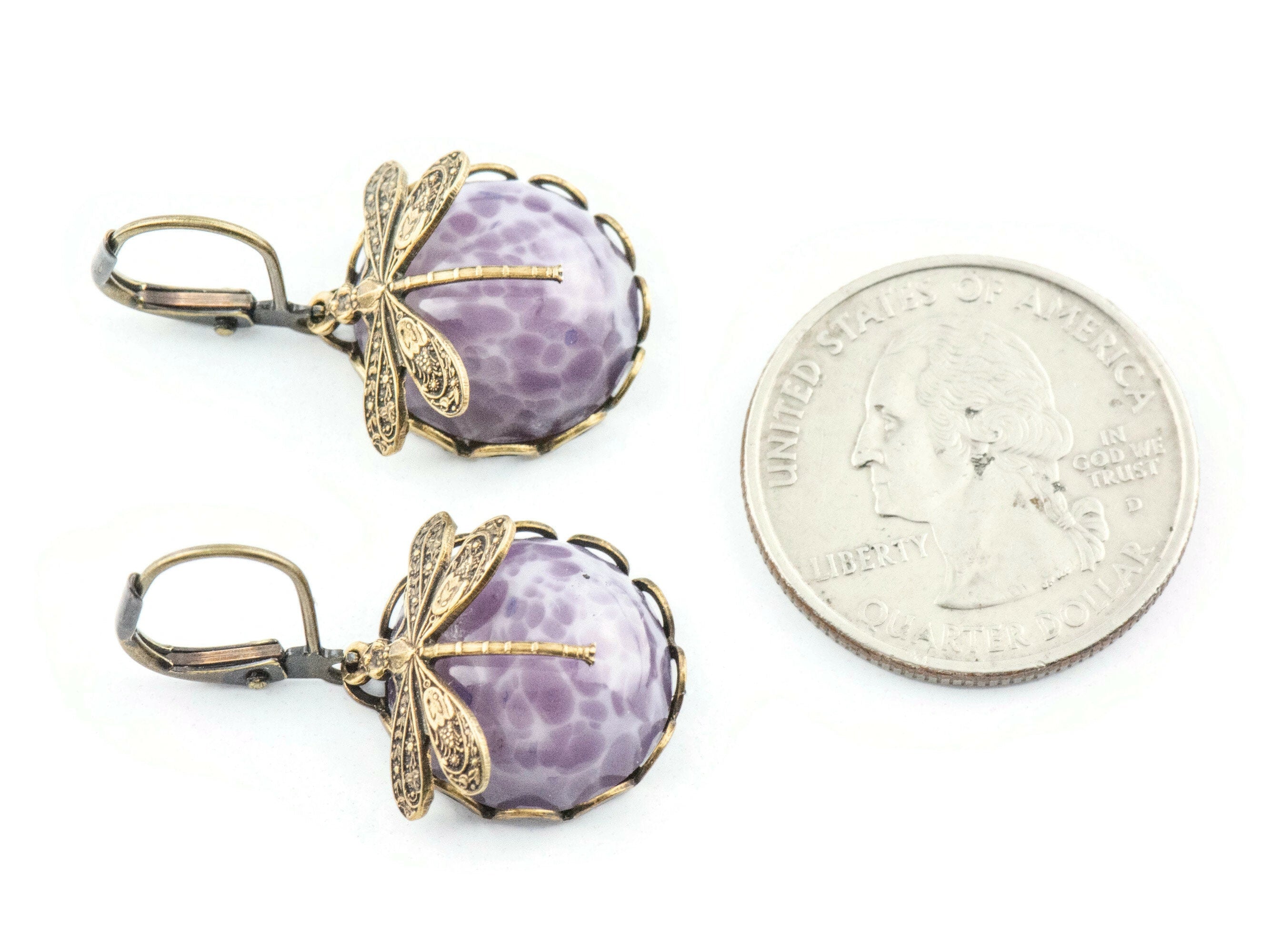 Amethyst Glass Brass Dragonfly Lever Back Earrings • Purple Earrings • Handmade Nature-Inspired Jewelry • Jewelry Gift for Her