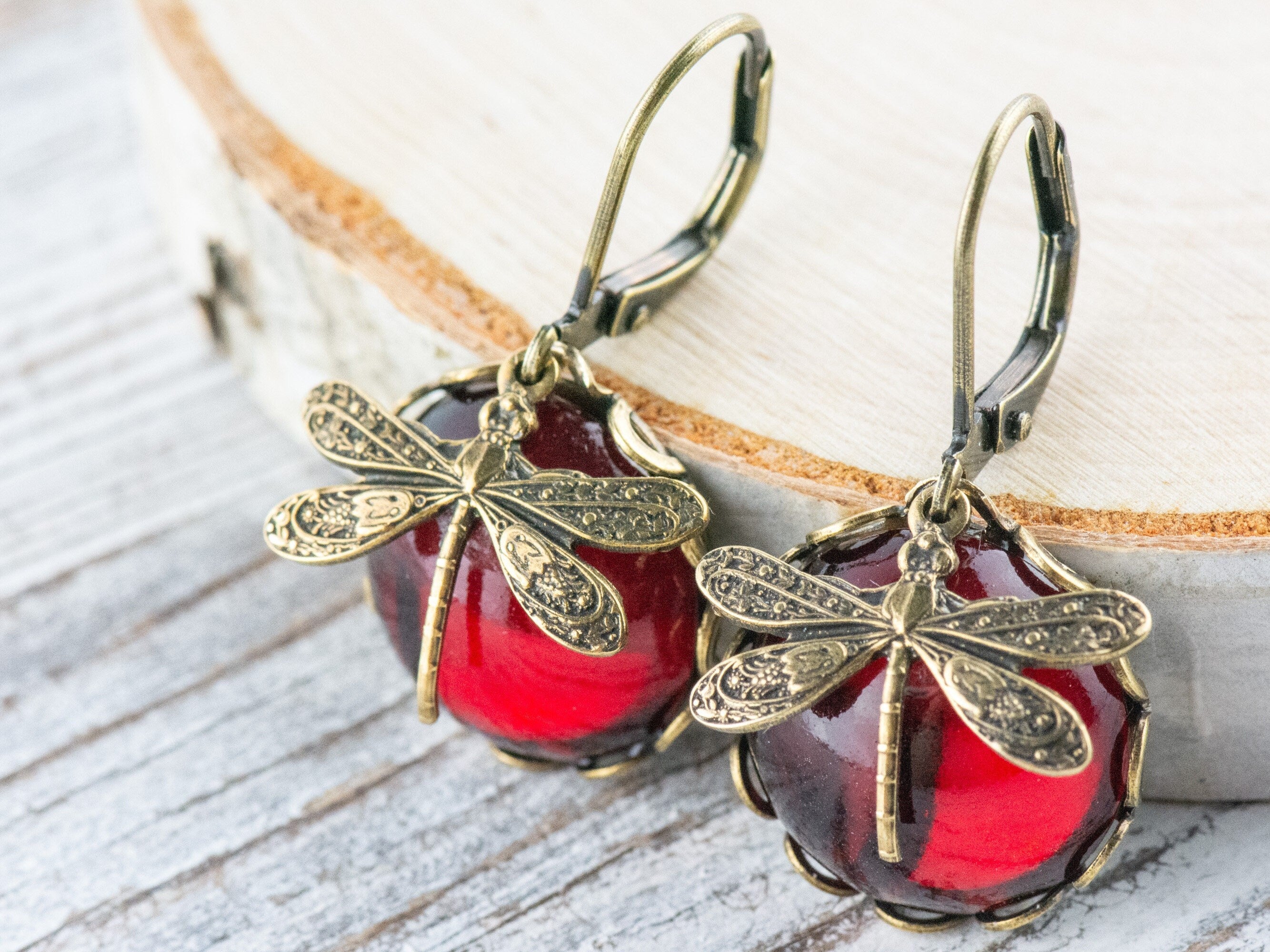 Ruby Red Brass Dragonfly Lever Back Earrings • Vintage Swarovski • Handmade Nature-Inspired Jewelry • Jewelry Gift for Her