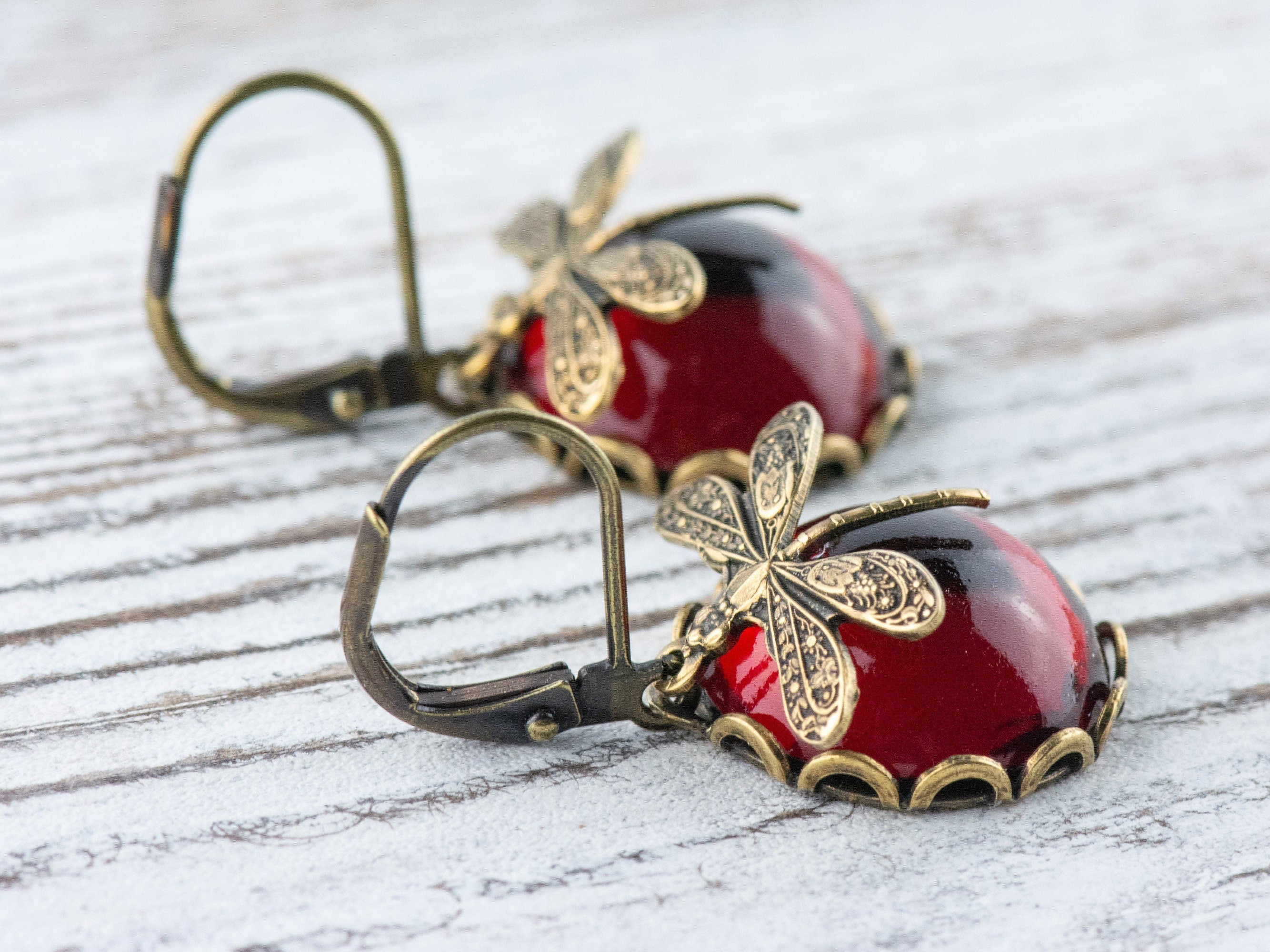 Ruby Red Brass Dragonfly Lever Back Earrings • Vintage Swarovski • Handmade Nature-Inspired Jewelry • Jewelry Gift for Her
