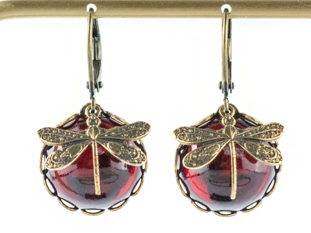 Ruby Red Brass Dragonfly Lever Back Earrings • Vintage Swarovski • Handmade Nature-Inspired Jewelry • Jewelry Gift for Her