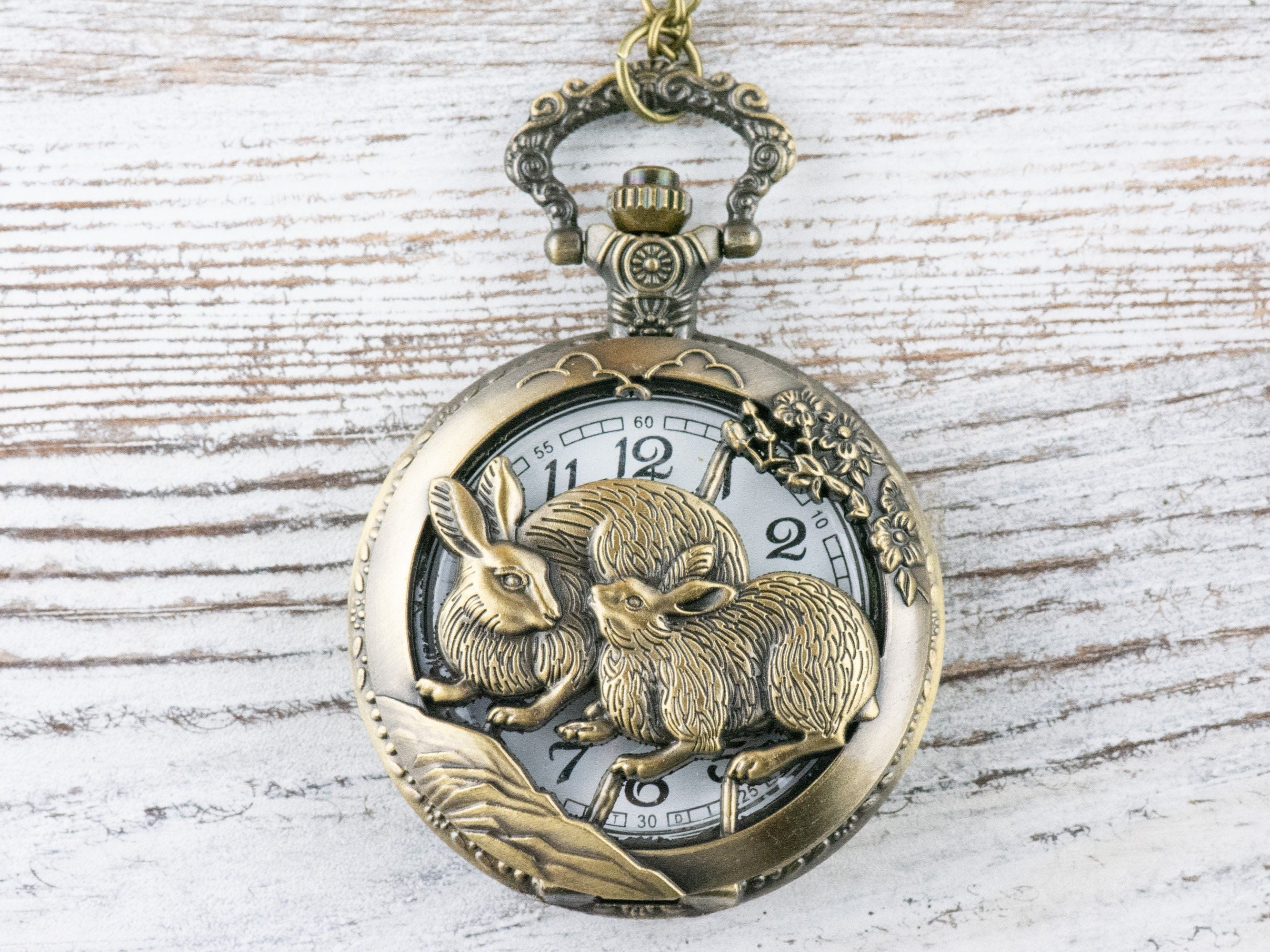 Rabbit Bronze Pocket Watch Long Necklace / Unique Watches / Nature Inspired Jewelry / Large Pocket Watch