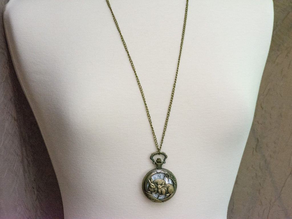 Rabbit Bronze Pocket Watch Long Necklace / Unique Watches / Nature Inspired Jewelry / Large Pocket Watch