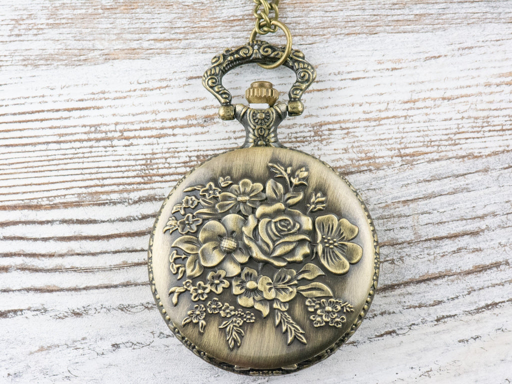 Roses Bronze Pocket Watch Long Necklace / Unique Watches / Nature Inspired Jewelry / Large Pocket Watch