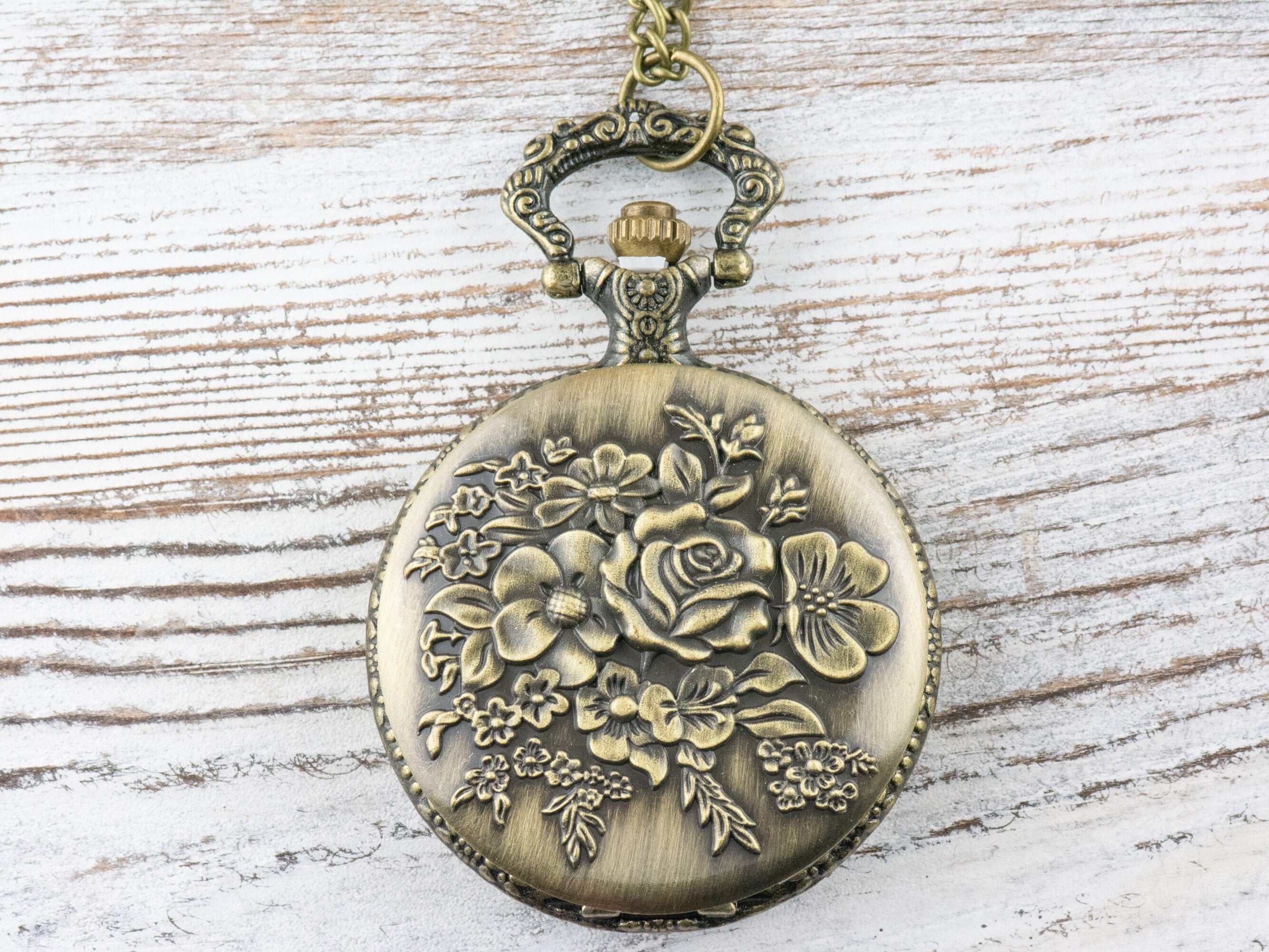Roses Bronze Pocket Watch Long Necklace / Unique Watches / Nature Inspired Jewelry / Large Pocket Watch