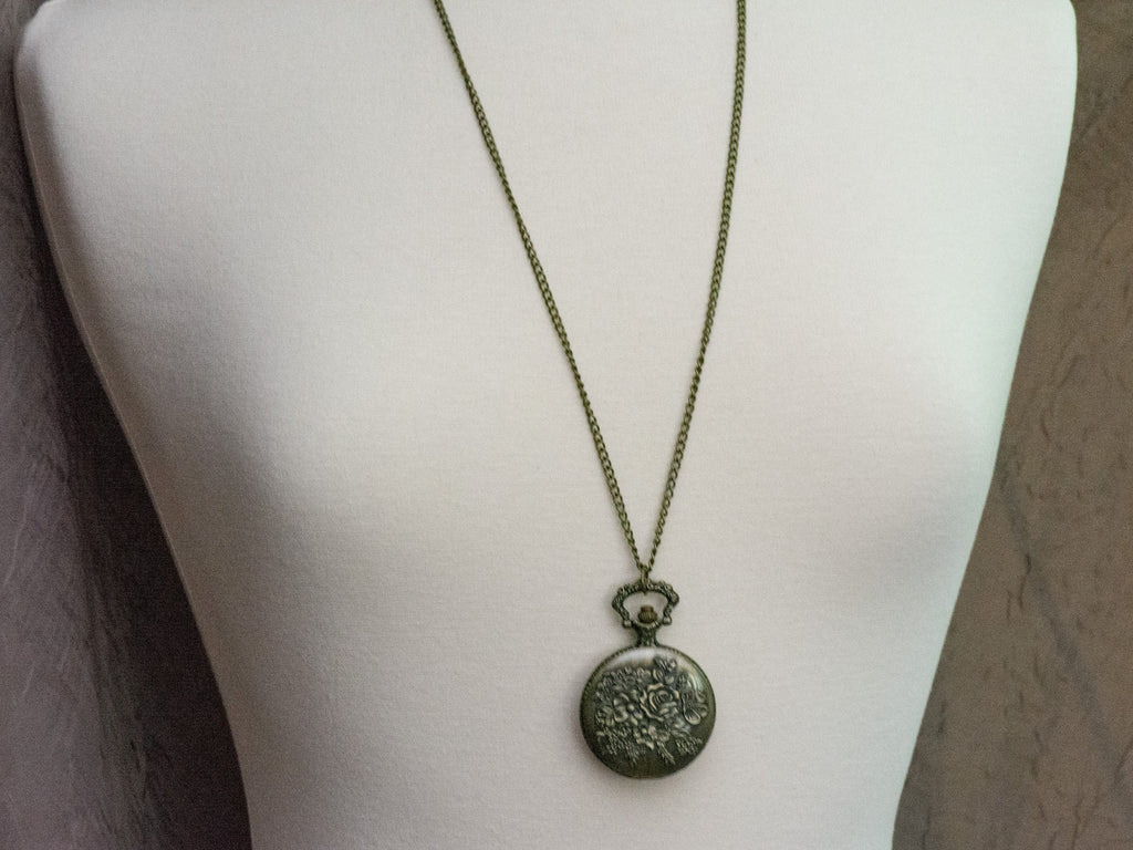 Roses Bronze Pocket Watch Long Necklace / Unique Watches / Nature Inspired Jewelry / Large Pocket Watch