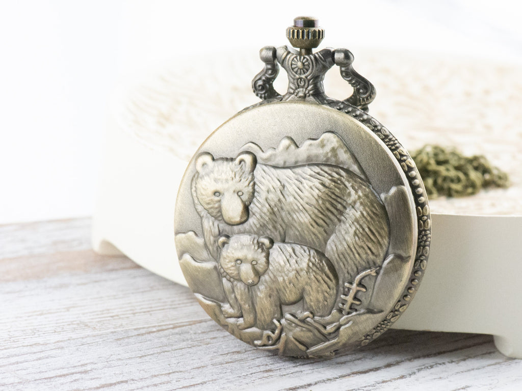 Bears Bronze Pocket Watch Long Necklace / Unique Watches / Nature Inspired Jewelry / Large Pocket Watch