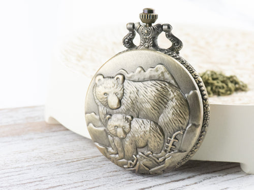 Bears Bronze Pocket Watch Long Necklace / Unique Watches / Nature Inspired Jewelry / Large Pocket Watch