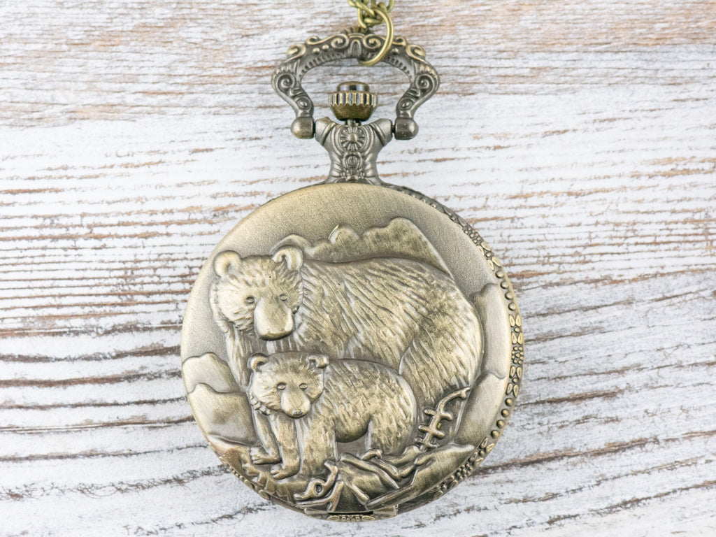 Bears Bronze Pocket Watch Long Necklace / Unique Watches / Nature Inspired Jewelry / Large Pocket Watch