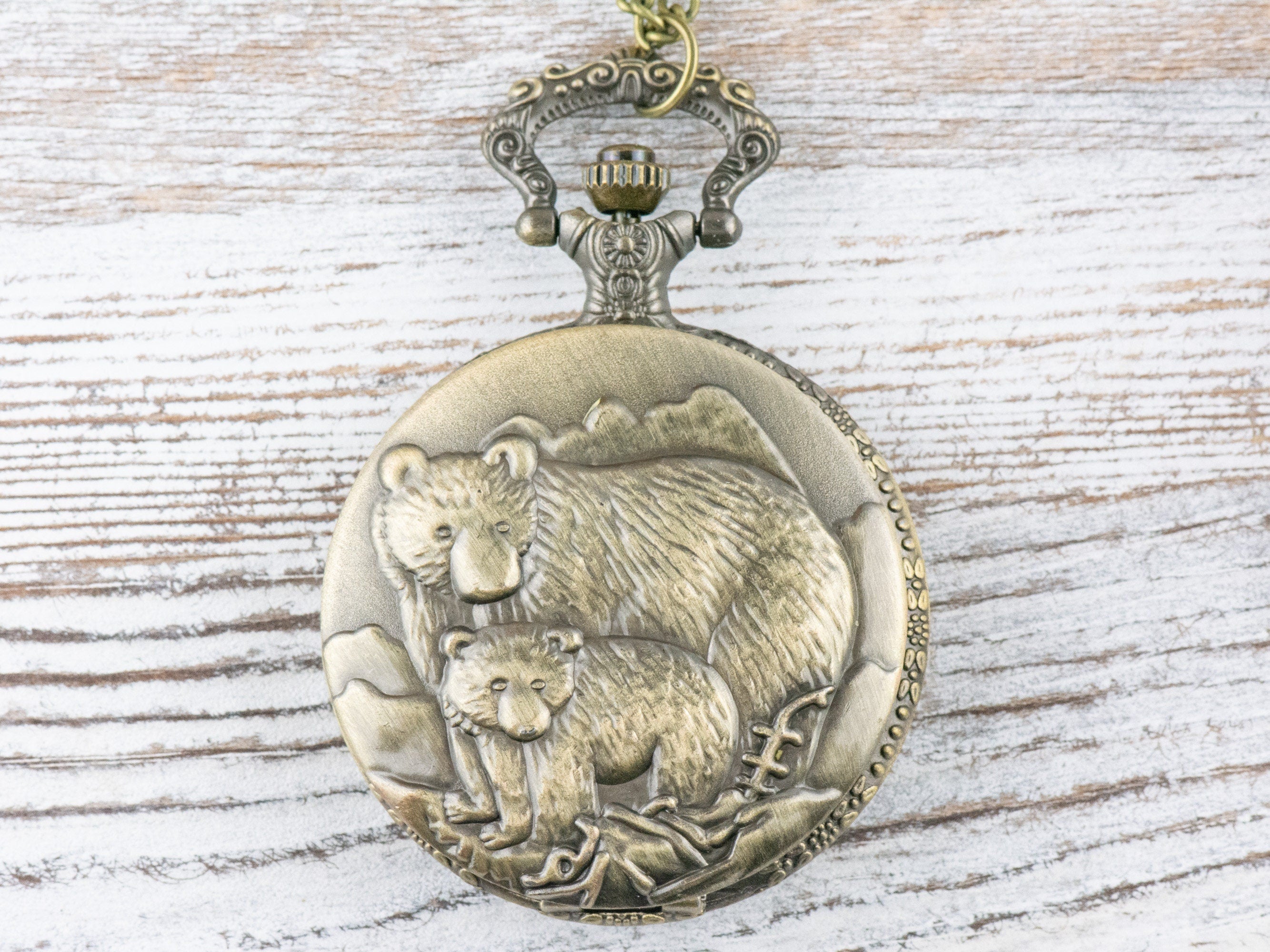 Bears Bronze Pocket Watch Long Necklace / Unique Watches / Nature Inspired Jewelry / Large Pocket Watch