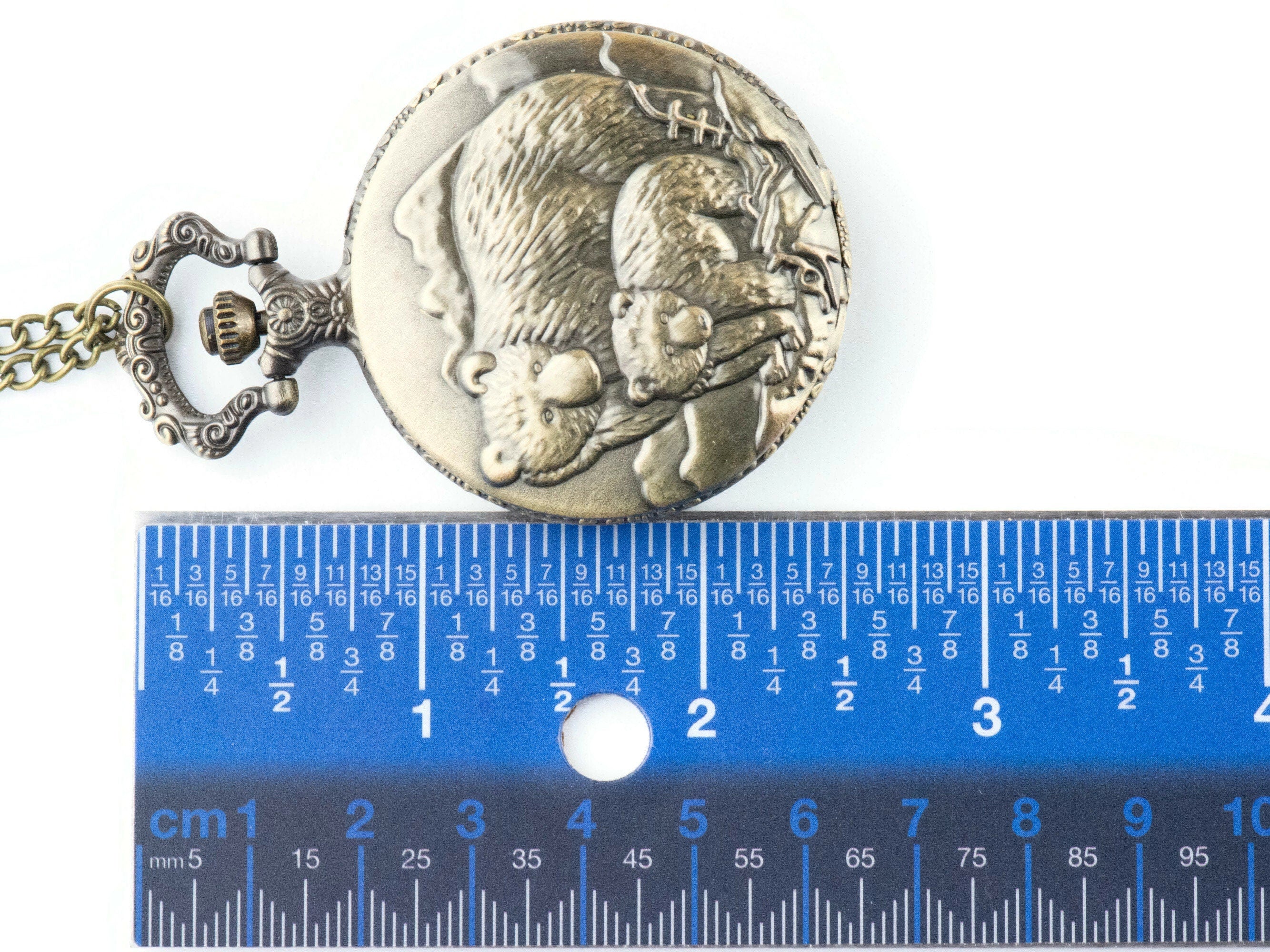Bears Bronze Pocket Watch Long Necklace / Unique Watches / Nature Inspired Jewelry / Large Pocket Watch
