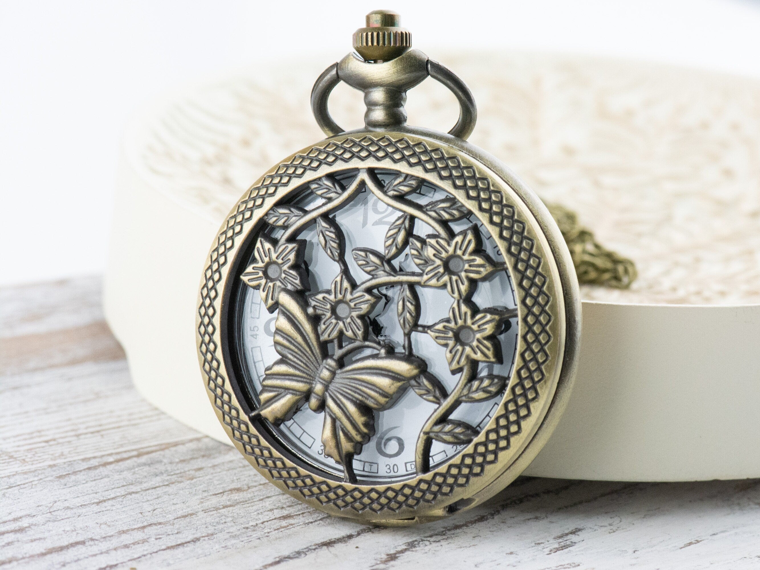 Butterfly Floral Bronze Pocket Watch Long Necklace / Unique Watches / Nature Inspired Jewelry / Large Pocket Watch