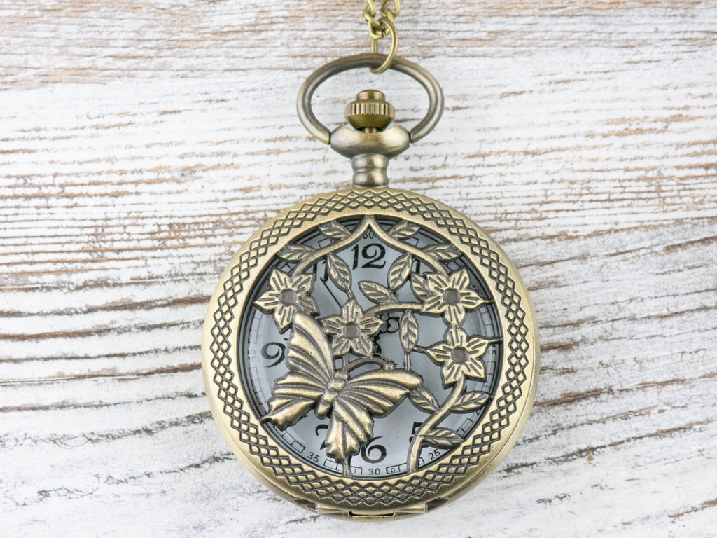 Butterfly Floral Bronze Pocket Watch Long Necklace / Unique Watches / Nature Inspired Jewelry / Large Pocket Watch