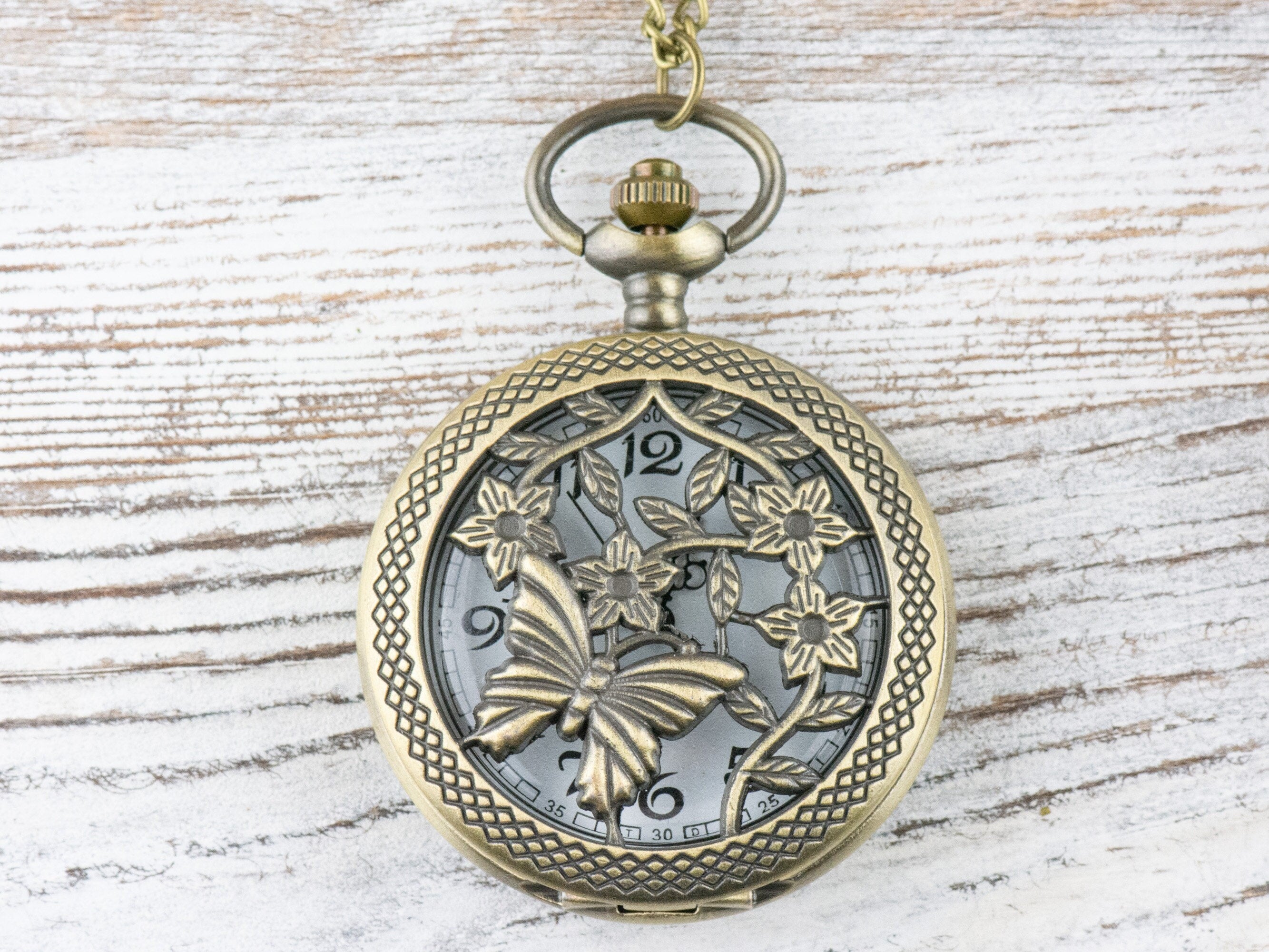 Butterfly Floral Bronze Pocket Watch Long Necklace / Unique Watches / Nature Inspired Jewelry / Large Pocket Watch