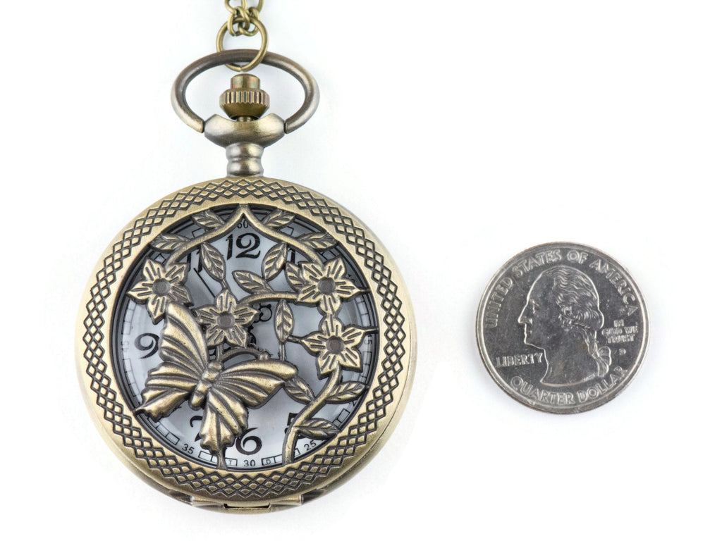 Butterfly Floral Bronze Pocket Watch Long Necklace / Unique Watches / Nature Inspired Jewelry / Large Pocket Watch
