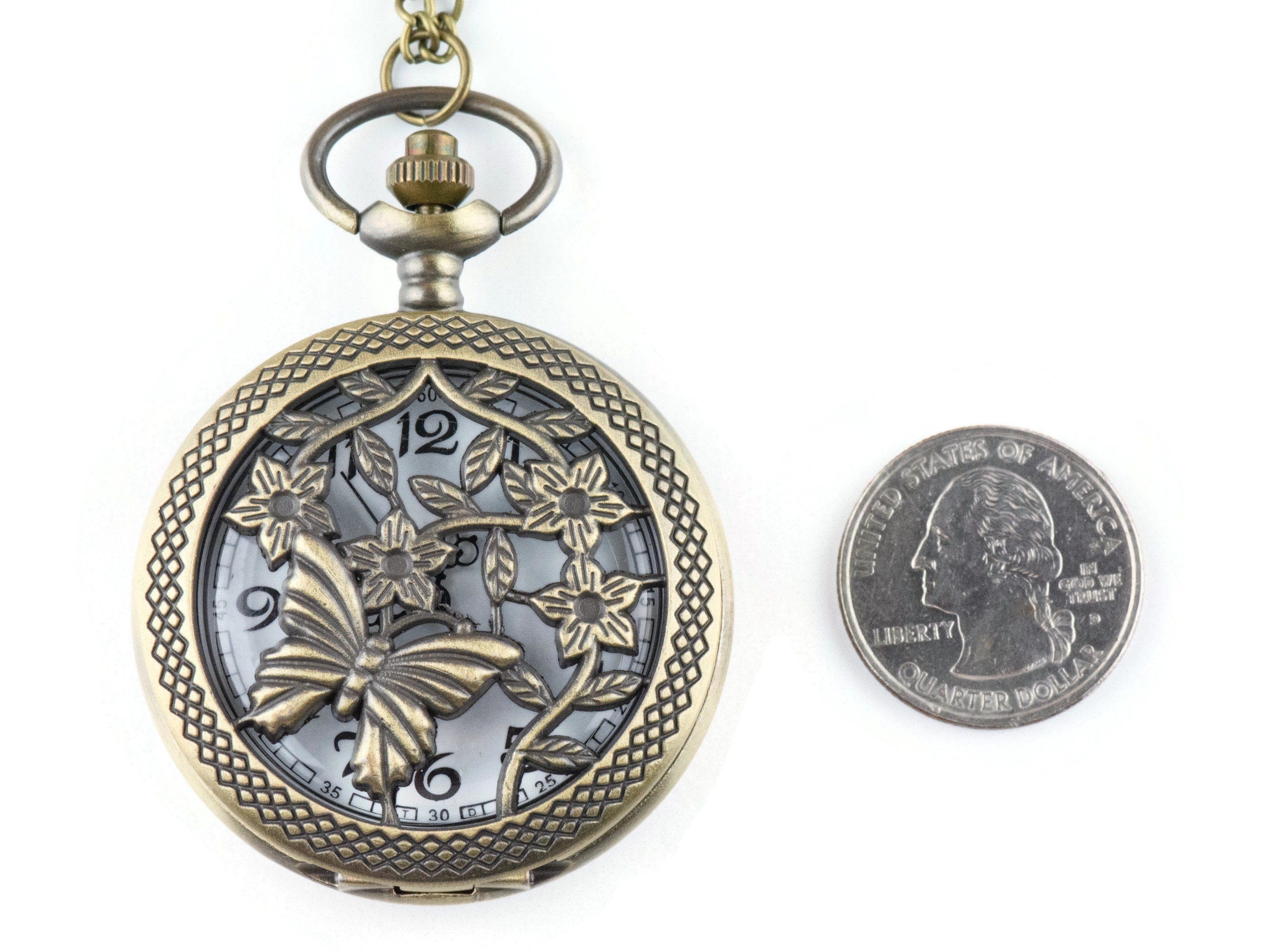 Butterfly Floral Bronze Pocket Watch Long Necklace / Unique Watches / Nature Inspired Jewelry / Large Pocket Watch