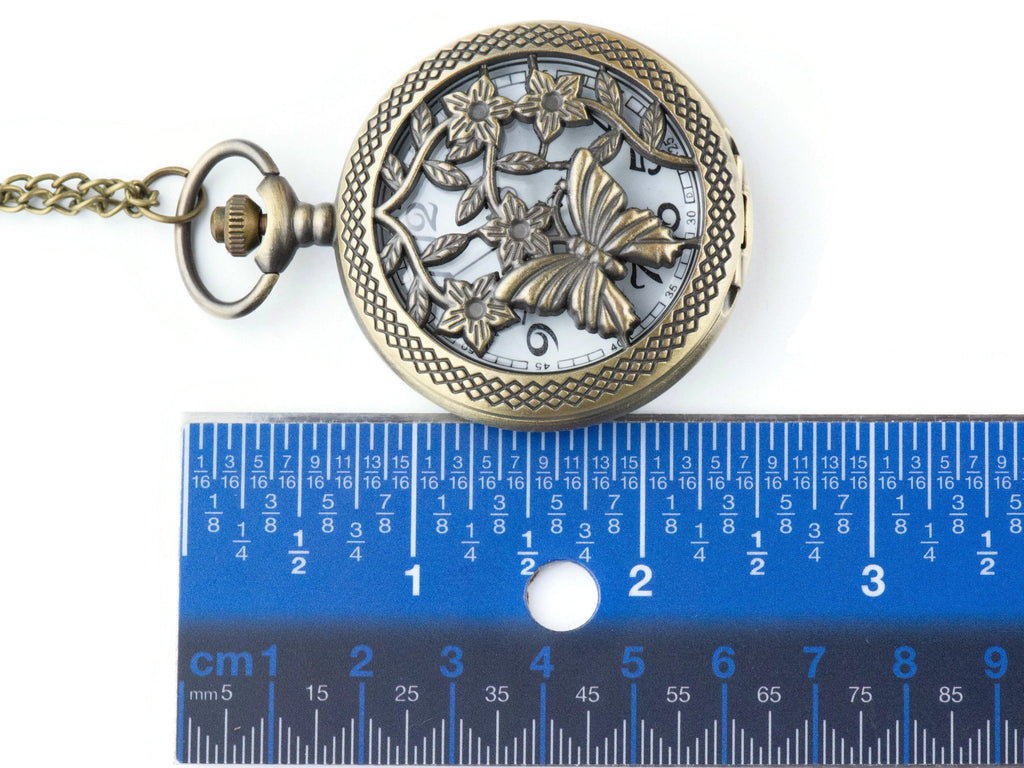 Butterfly Floral Bronze Pocket Watch Long Necklace / Unique Watches / Nature Inspired Jewelry / Large Pocket Watch