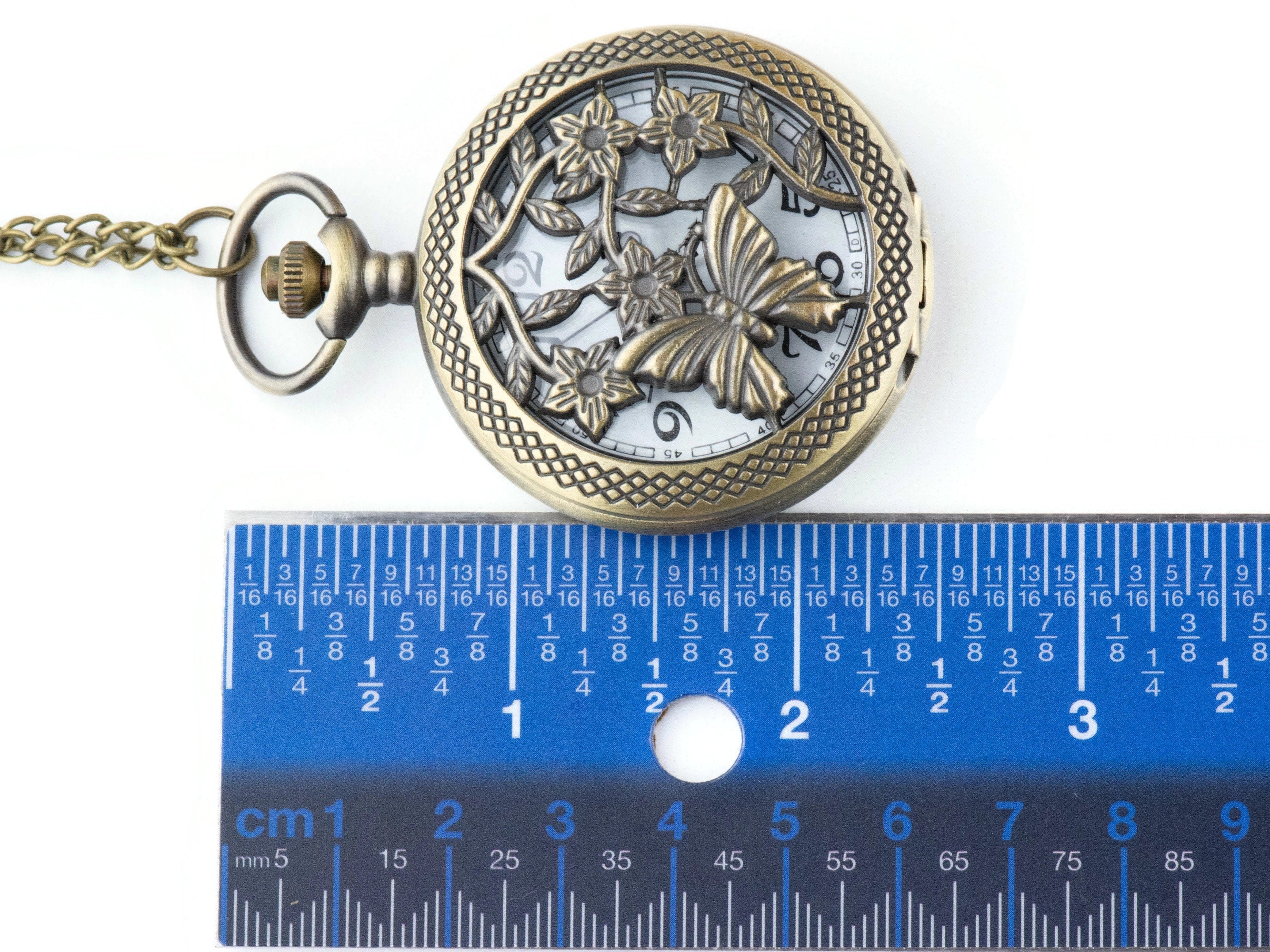 Butterfly Floral Bronze Pocket Watch Long Necklace / Unique Watches / Nature Inspired Jewelry / Large Pocket Watch
