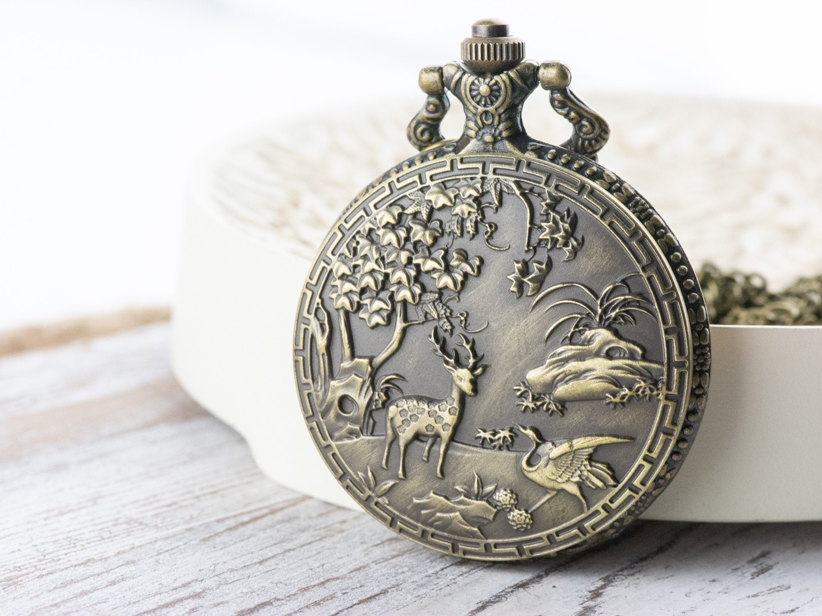 Woodland Bronze Pocket Watch Long Necklace / Unique Watches / Nature Inspired Jewelry / Large Pocket Watch