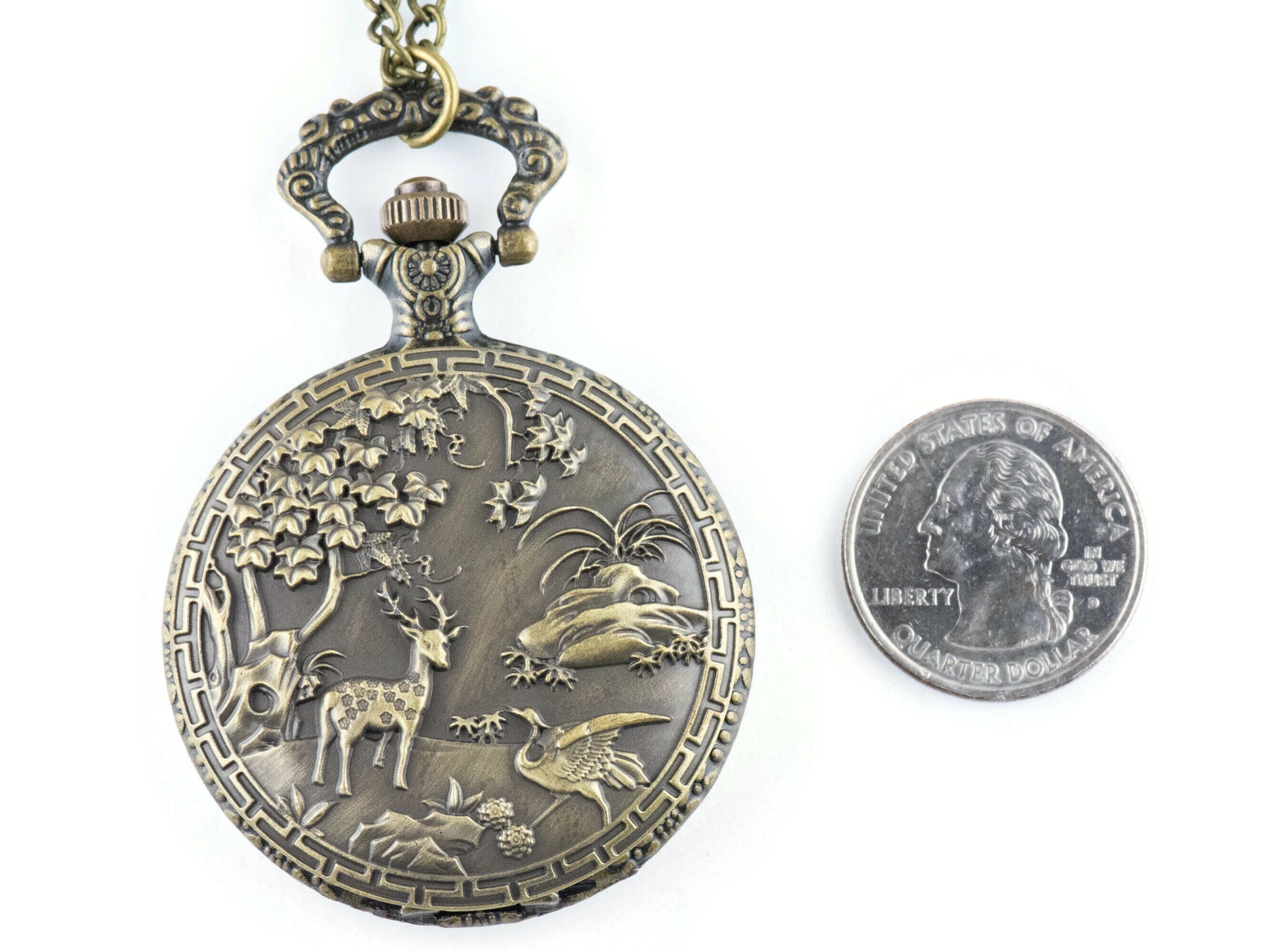 Woodland Bronze Pocket Watch Long Necklace / Unique Watches / Nature Inspired Jewelry / Large Pocket Watch