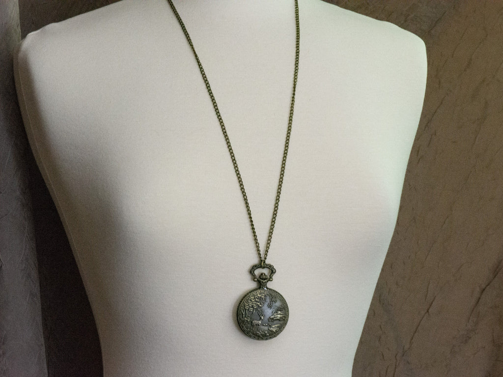 Woodland Bronze Pocket Watch Long Necklace / Unique Watches / Nature Inspired Jewelry / Large Pocket Watch