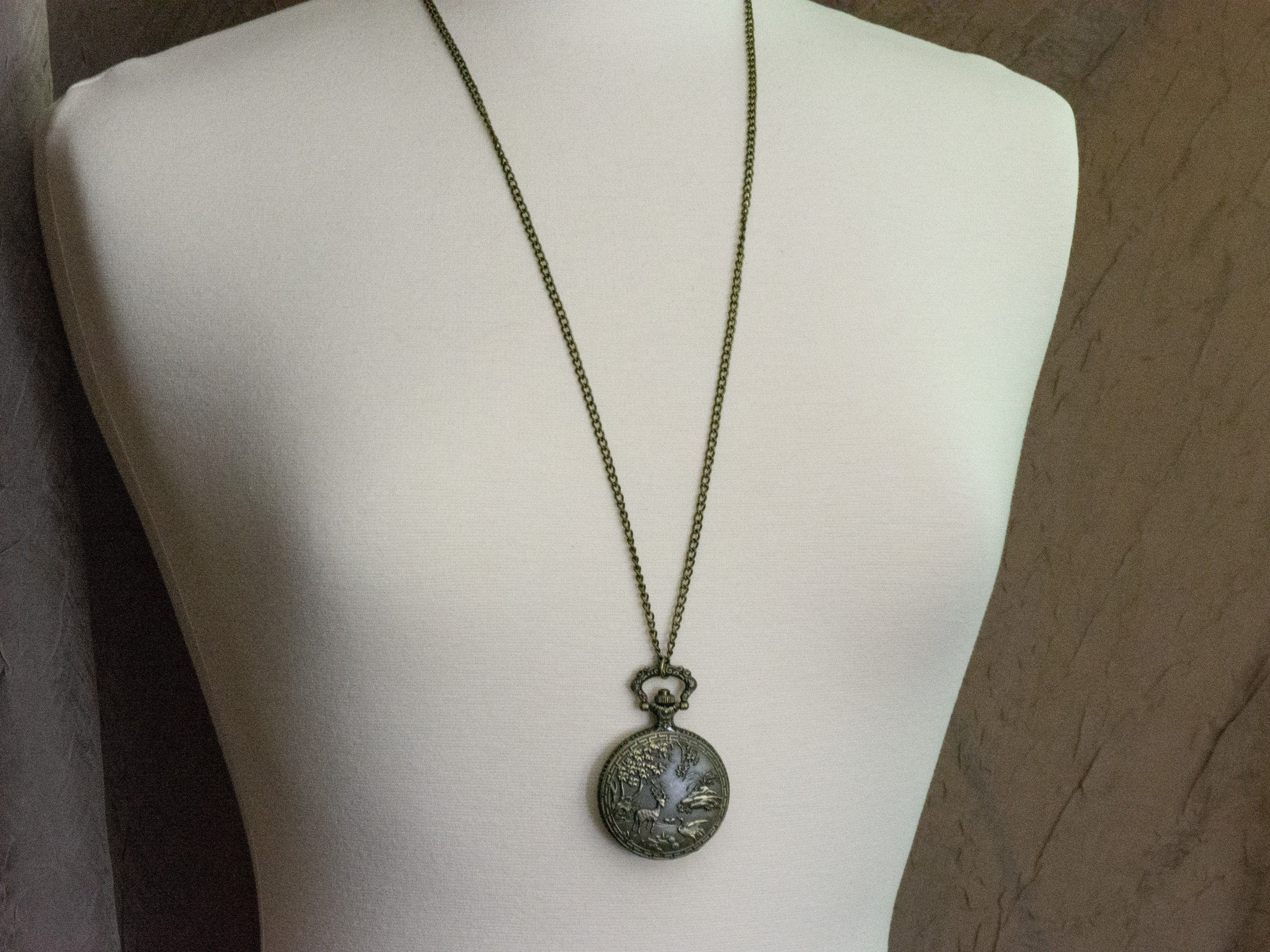 Woodland Bronze Pocket Watch Long Necklace / Unique Watches / Nature Inspired Jewelry / Large Pocket Watch